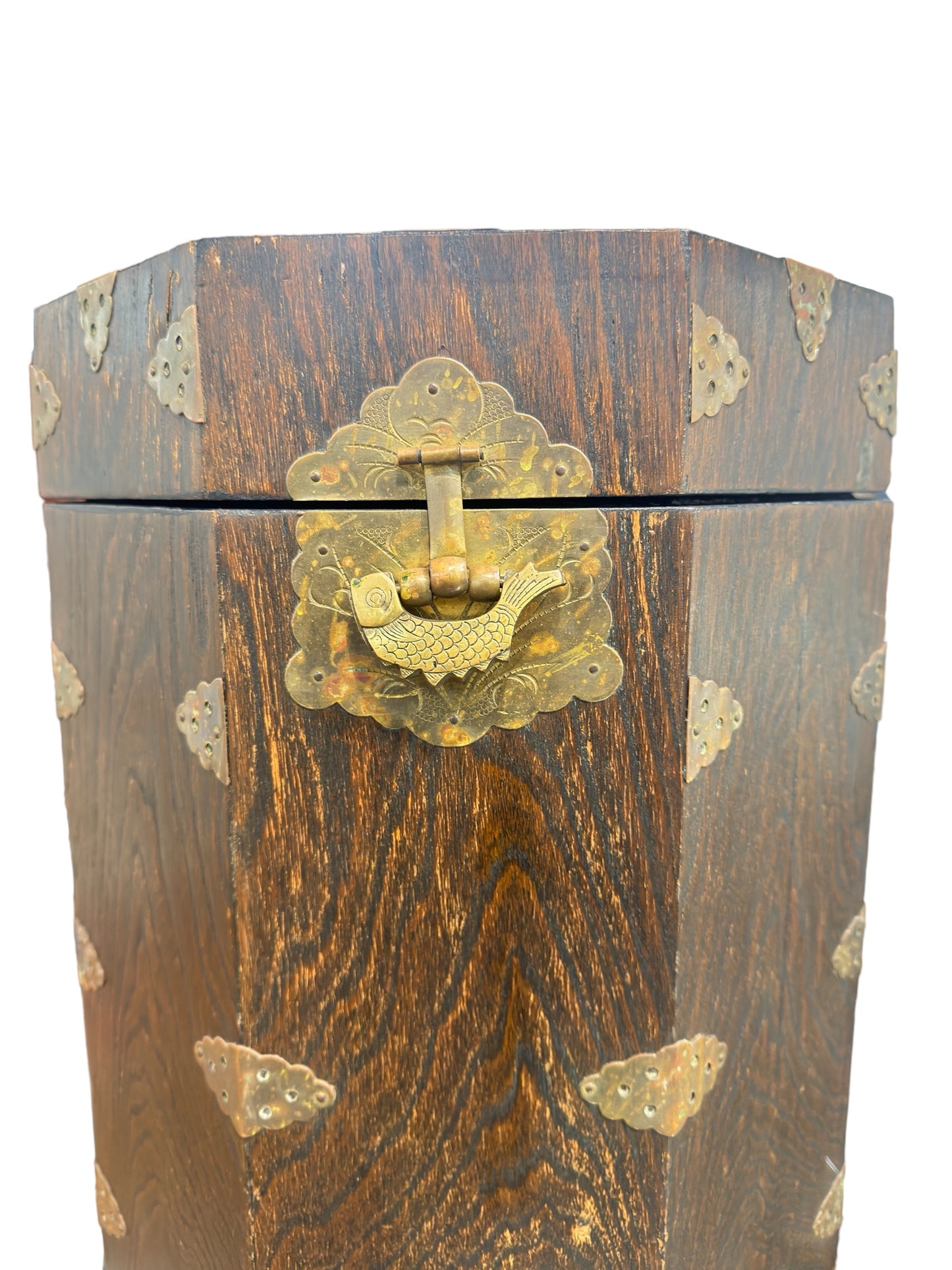 Korean elm & brass octagonal pedestal chest (46 x 30cm)