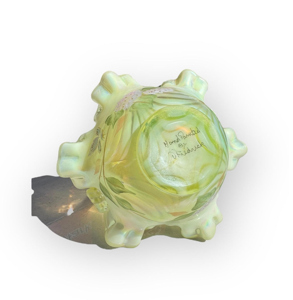 Rare Fenton Topaz Opalescent Vaseline uranium glass Basket hand painted flower by artist from Fenton