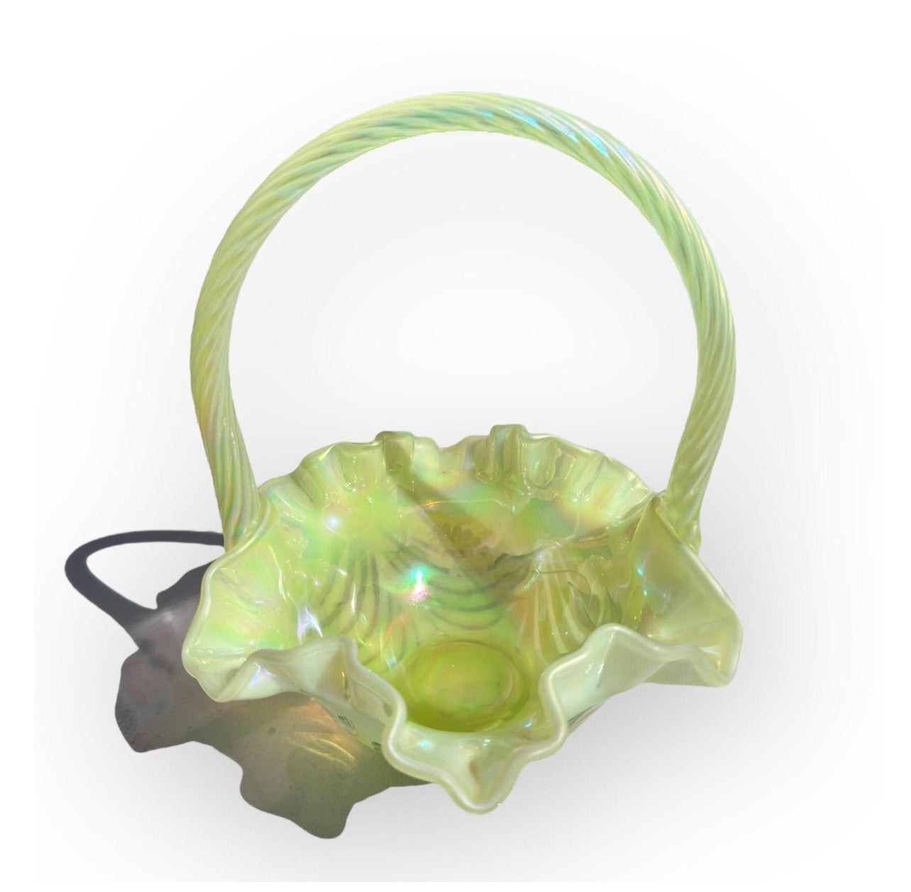 Rare Fenton Topaz Opalescent Vaseline uranium glass Basket hand painted flower by artist from Fenton