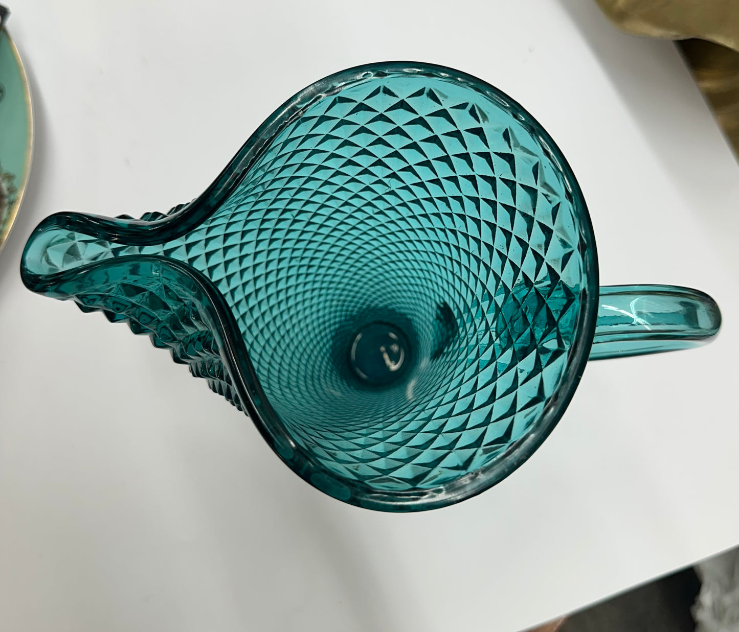 Vintage Glass Pitcher/ Vase Large Diamond Point Art Deco Teal