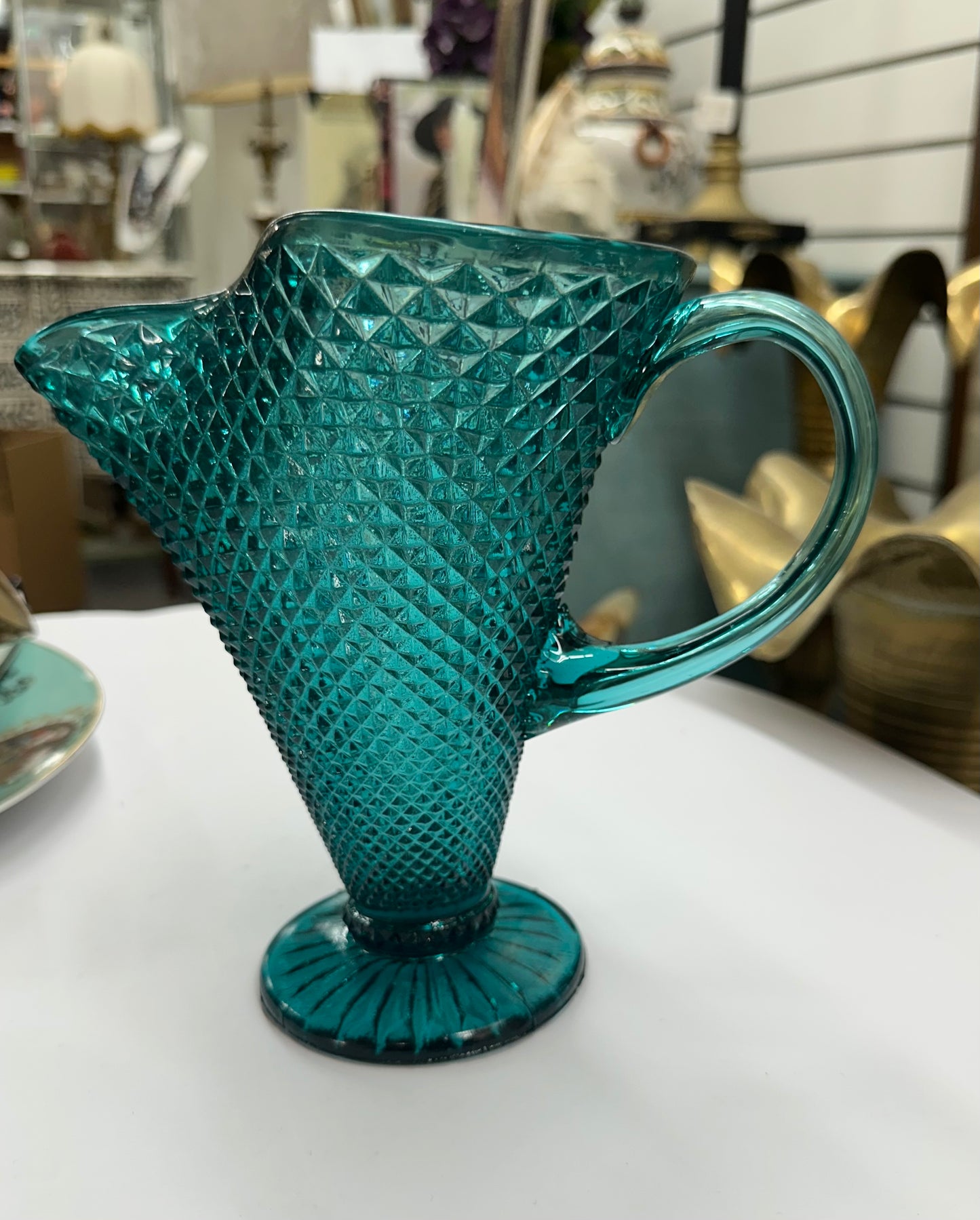 Vintage Glass Pitcher/ Vase Large Diamond Point Art Deco Teal