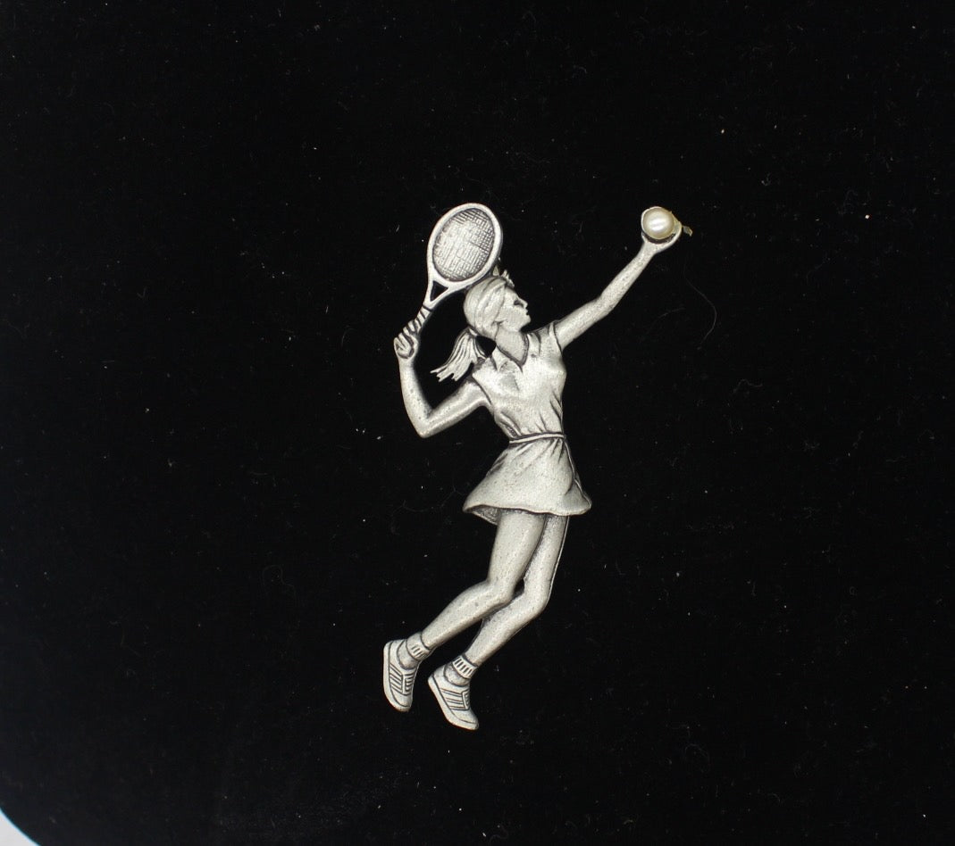 Jonette Jewellery pewter + PearlTennis girl brooch
