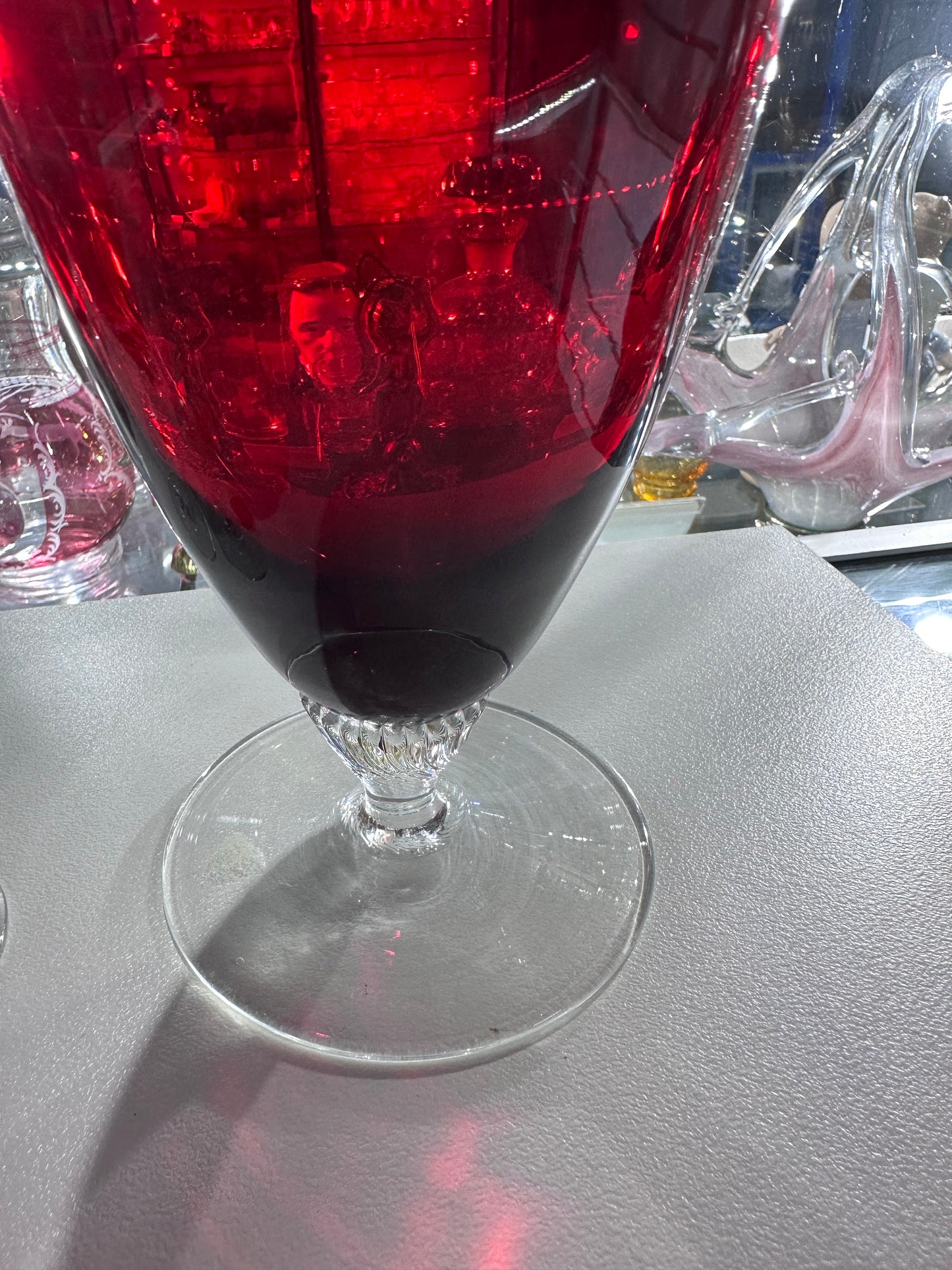 1970s Bohemian Crystal Ruby Decanter + Four Sherry Glasses