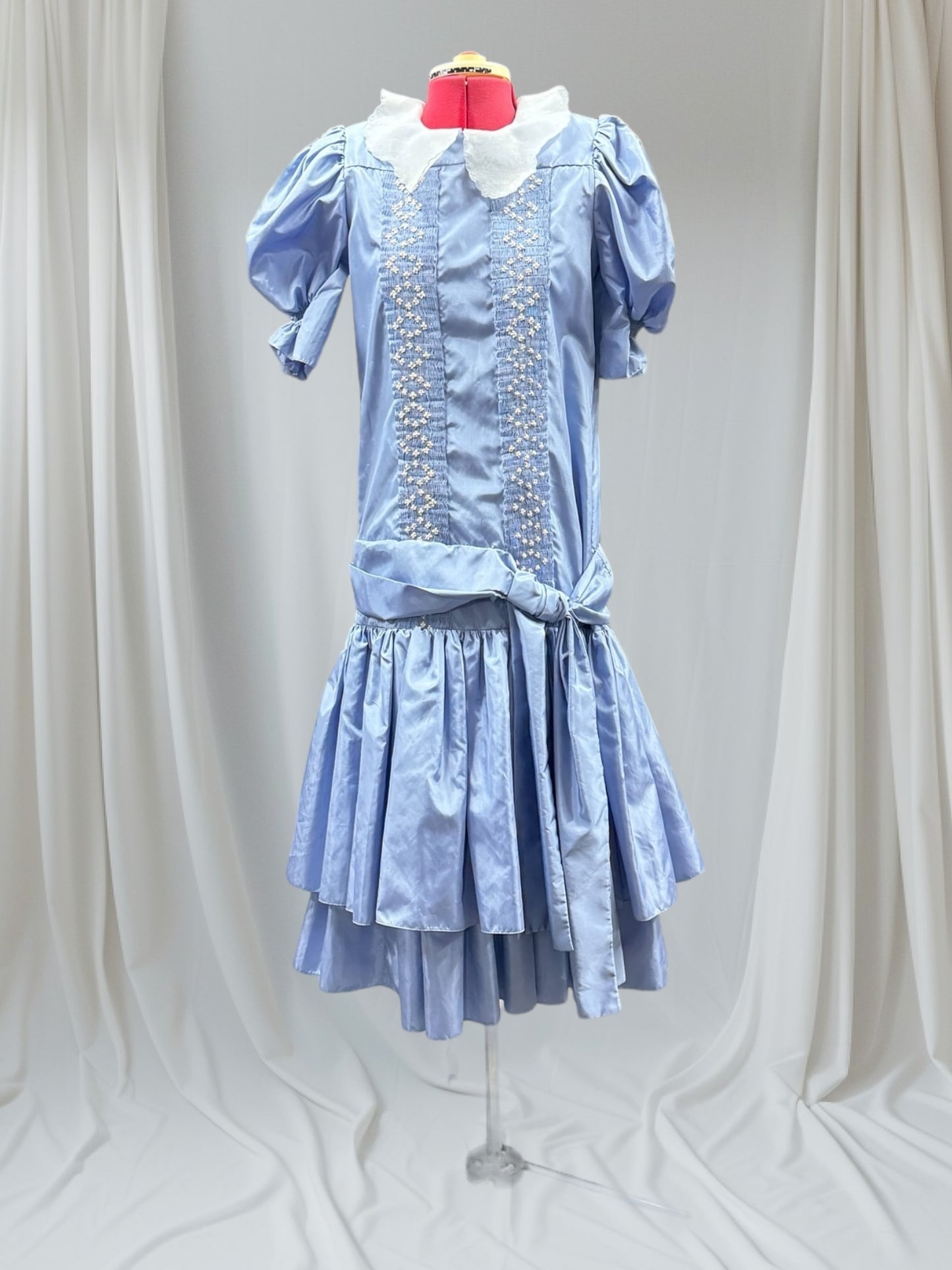 1980s Blue Tafetta Dress Smocking Front