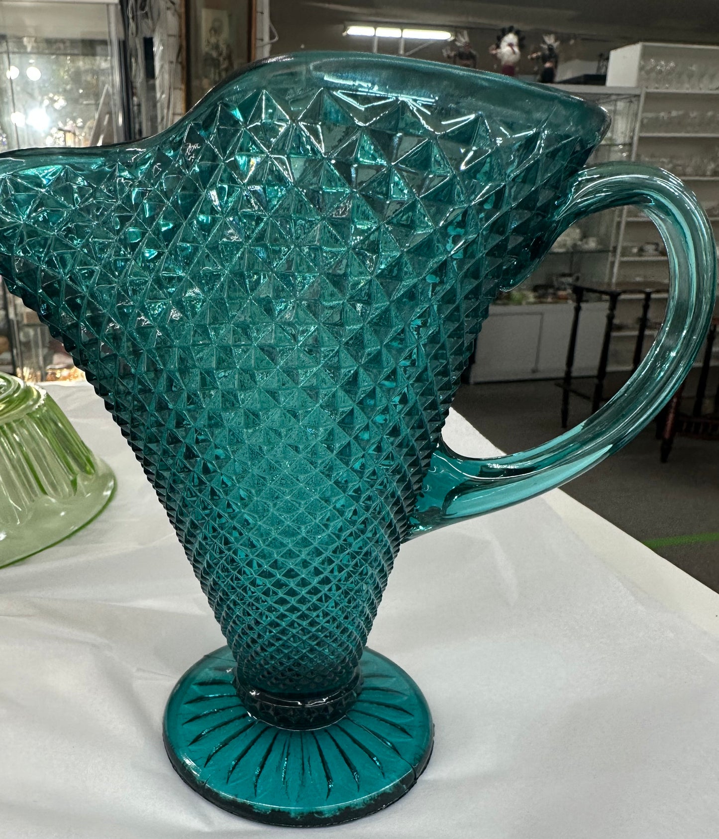 Vintage Glass Pitcher/ Vase Large Diamond Point Art Deco Teal
