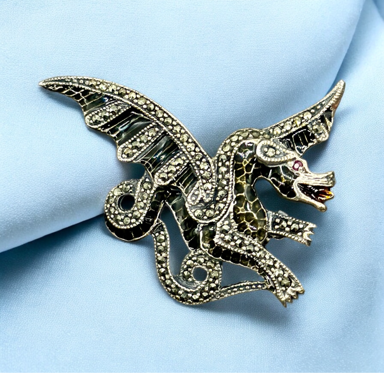 Sterling Silver Marcasite and Blue Enamel Dragon Brooch