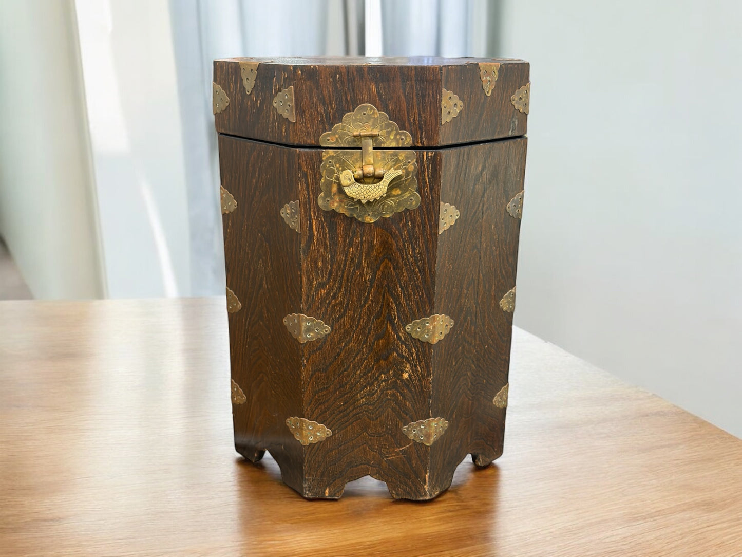 Korean elm & brass octagonal pedestal chest (46 x 30cm)