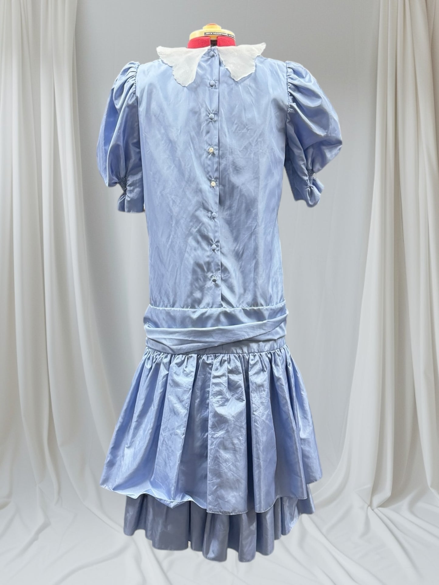 1980s Blue Tafetta Dress Smocking Front