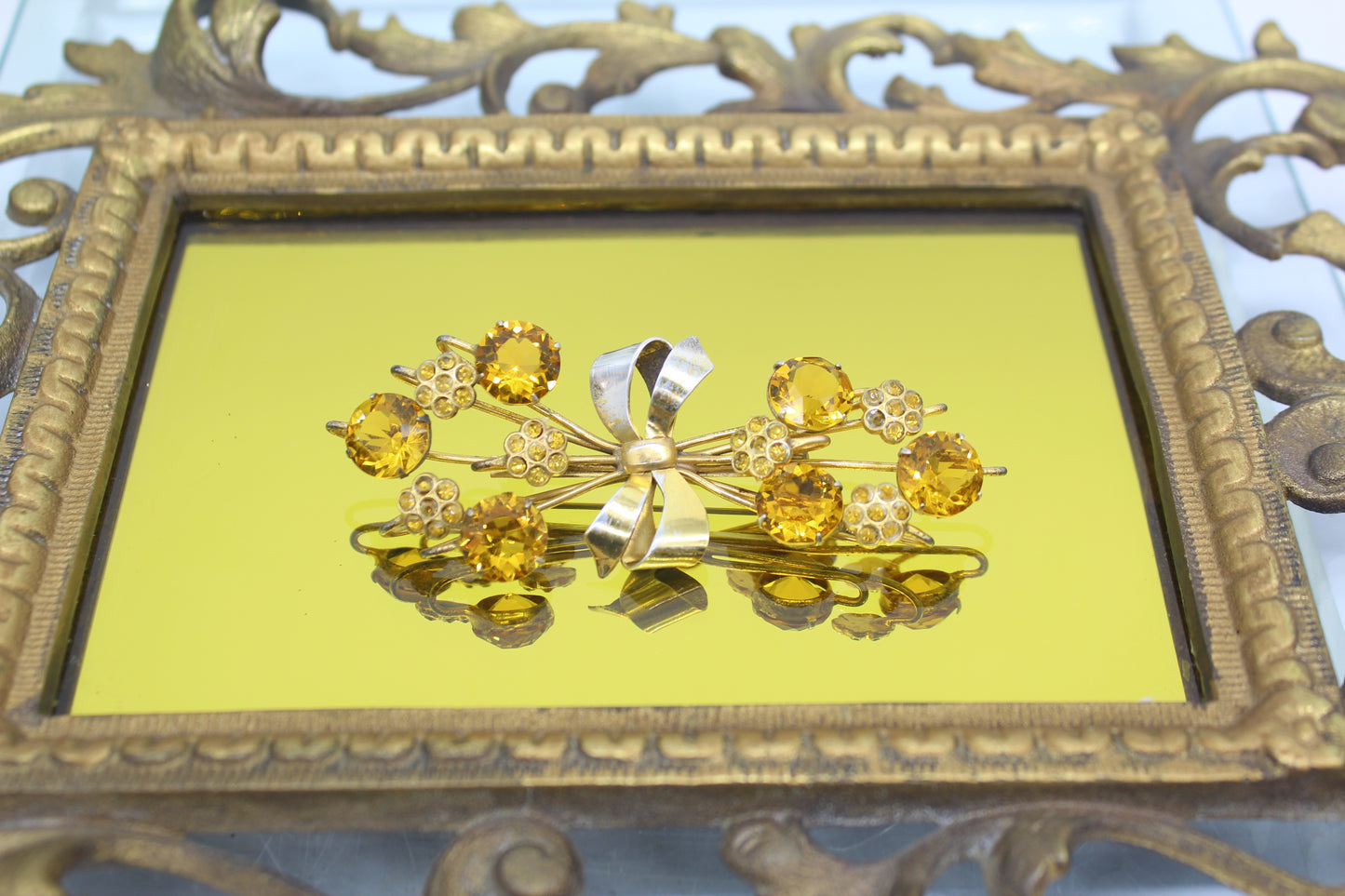 1940s Sterling Amber Rhinestone Brooch