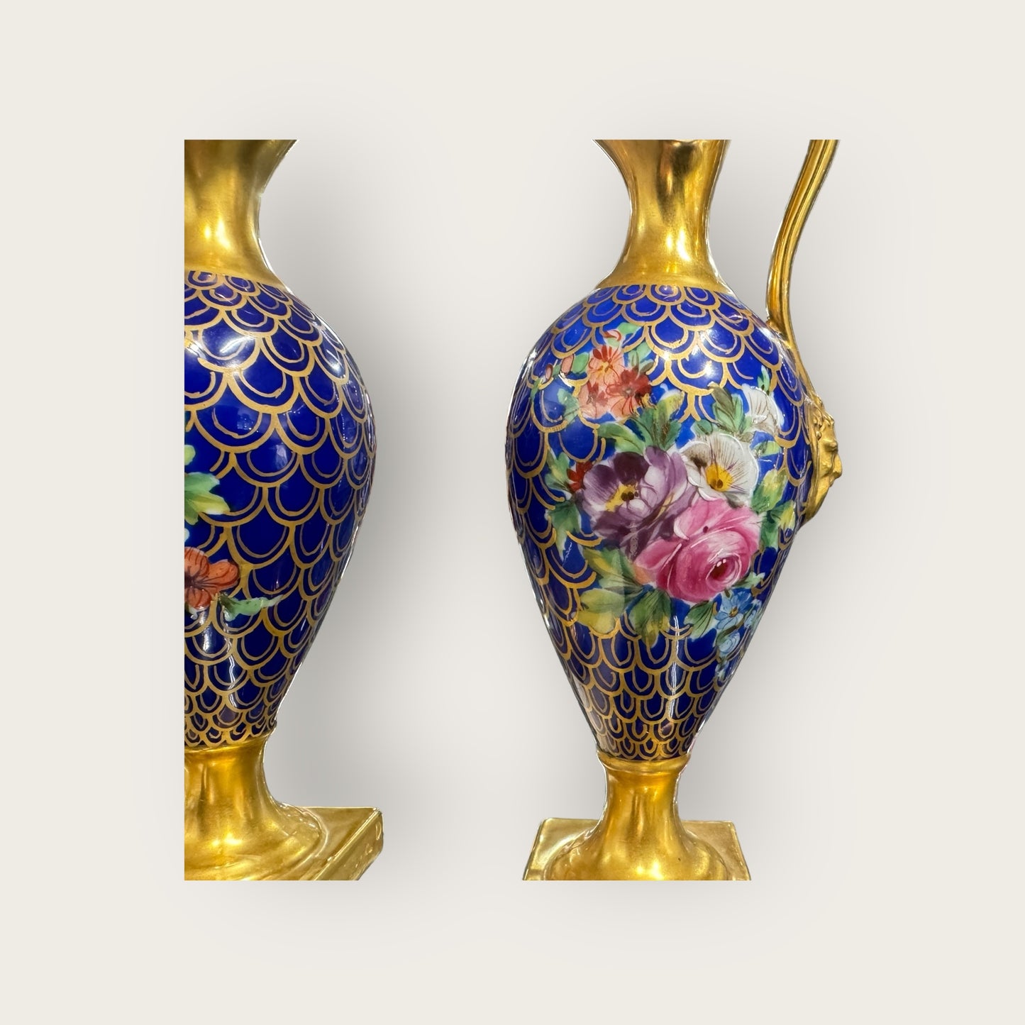 Derby Nottingham Rd c1780, Gilded Porcelain Ewers with Hand-Painted Blossom Decoration