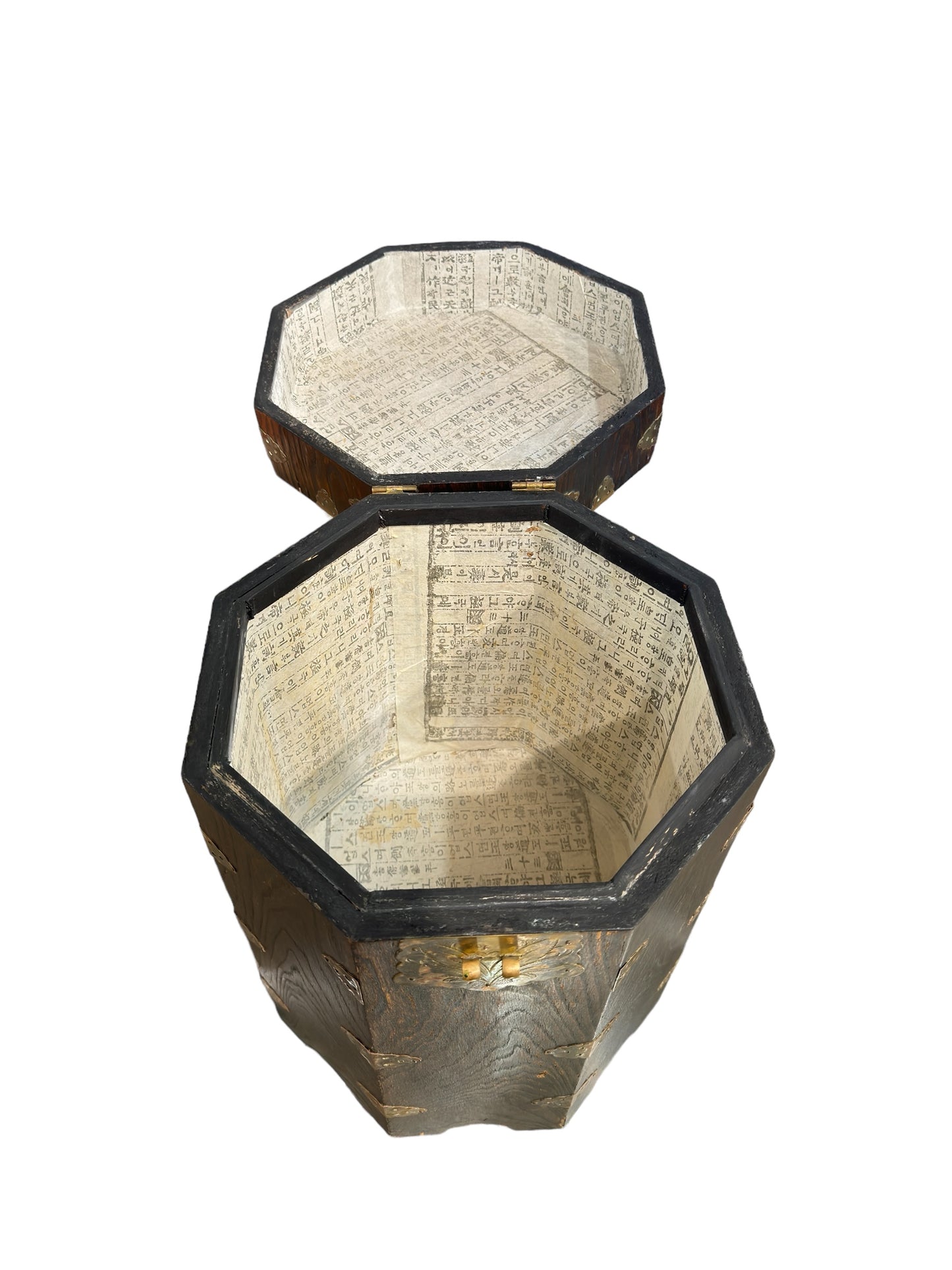 Korean elm & brass octagonal pedestal chest (46 x 30cm)