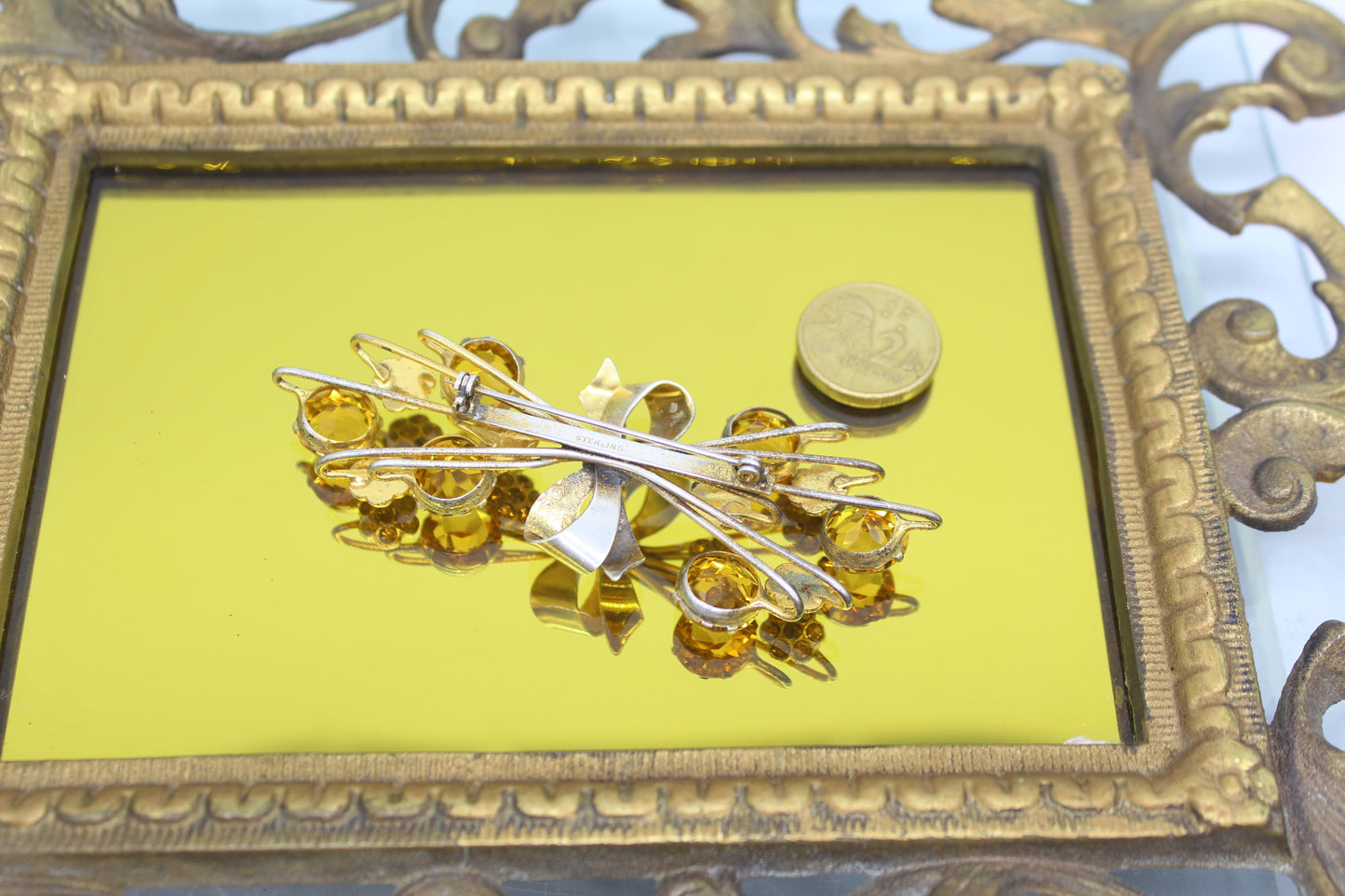 1940s Sterling Amber Rhinestone Brooch
