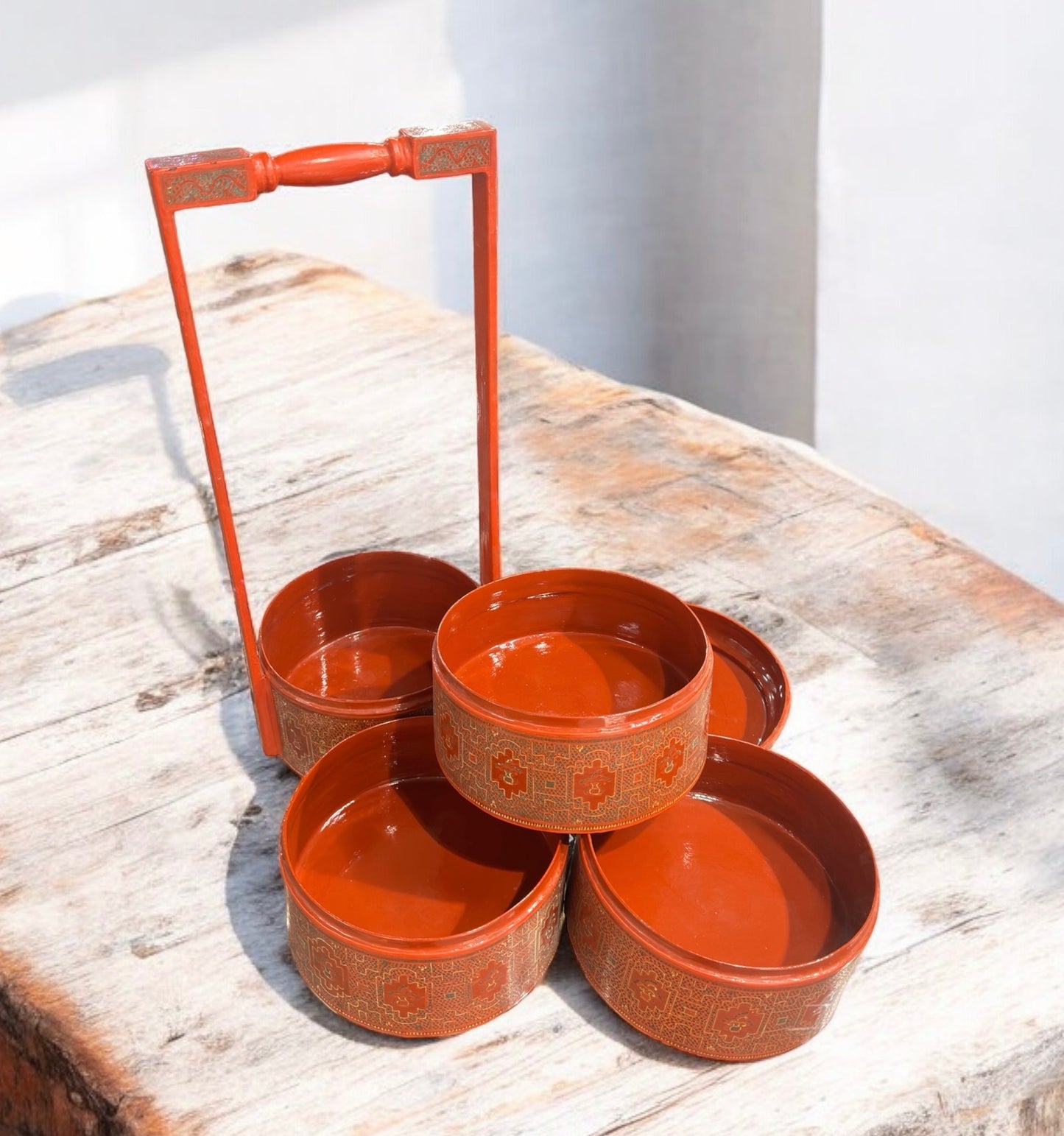 Antique 19th Burmese four-tiered lacquered cylindrical tiffin box or food carrier/picnic basket,