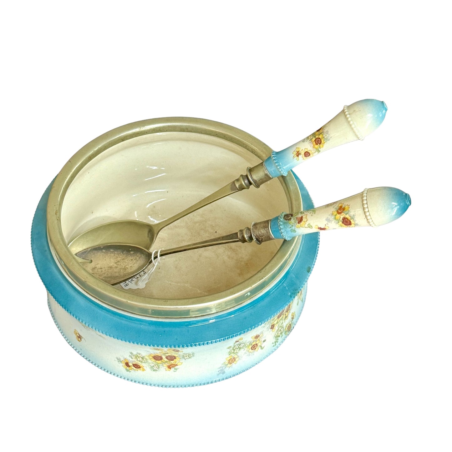 George Jones & Sons Ceramic silver rimmed salad bowl with servers