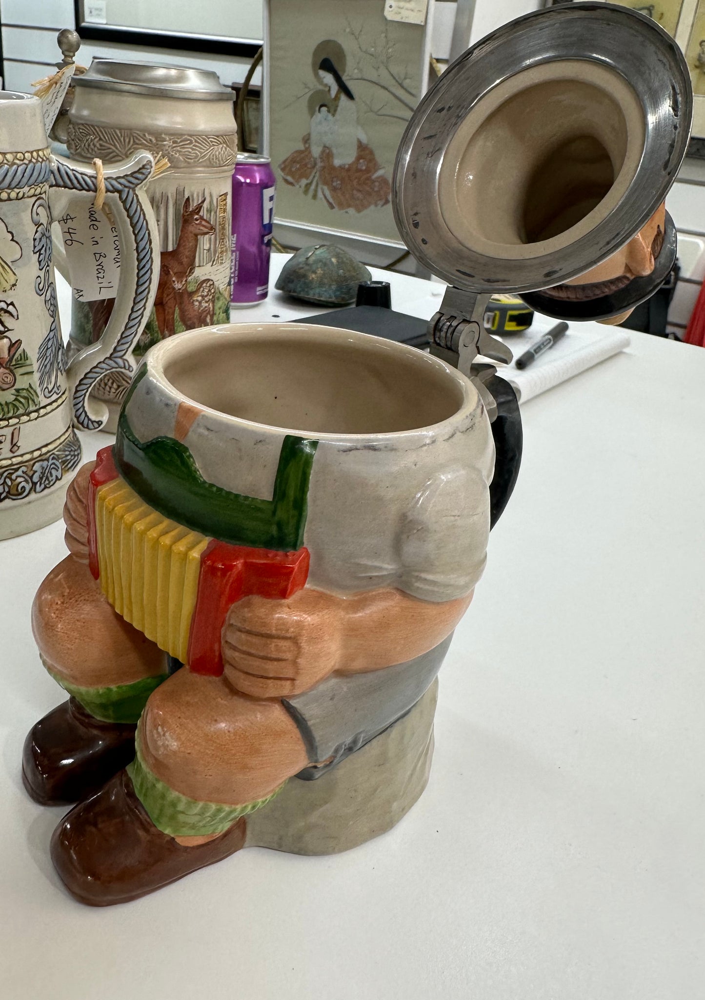 Antique Merkelbach Beer Stein Musician Accordion Player,made in Germany