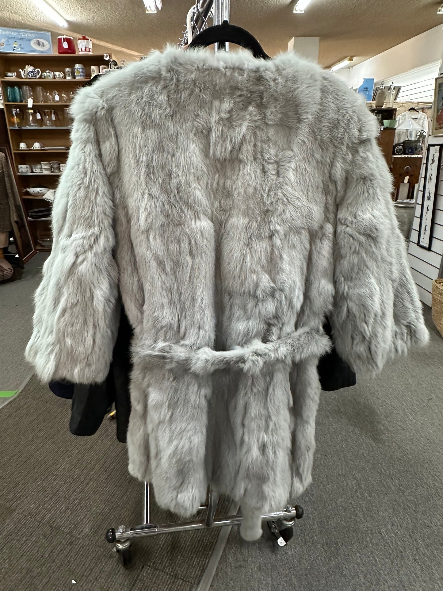 Pale Grey Soft Rabbit Fur Coat with Tie belt