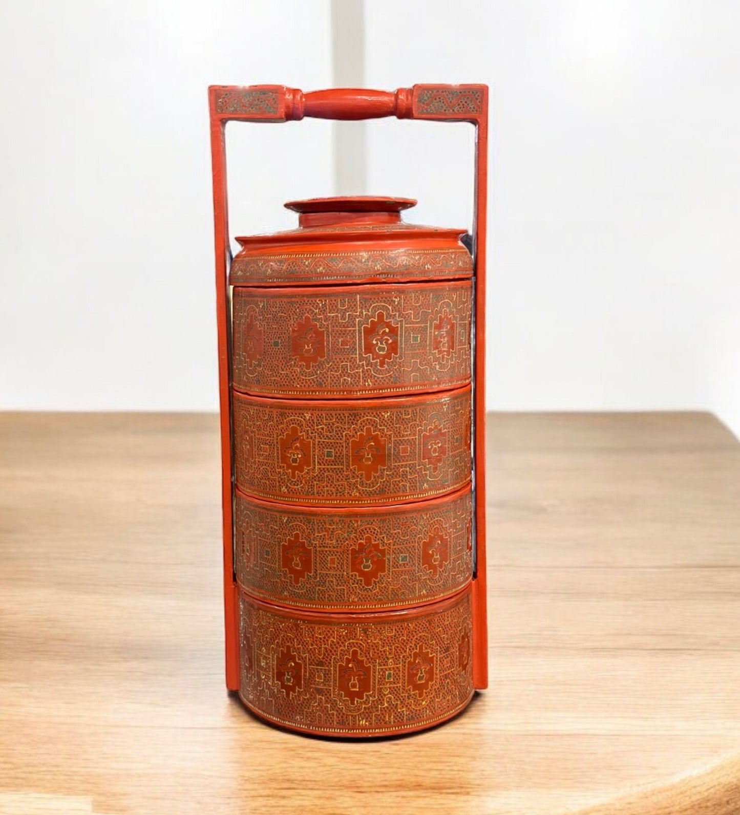 Antique 19th Burmese four-tiered lacquered cylindrical tiffin box or food carrier/picnic basket,