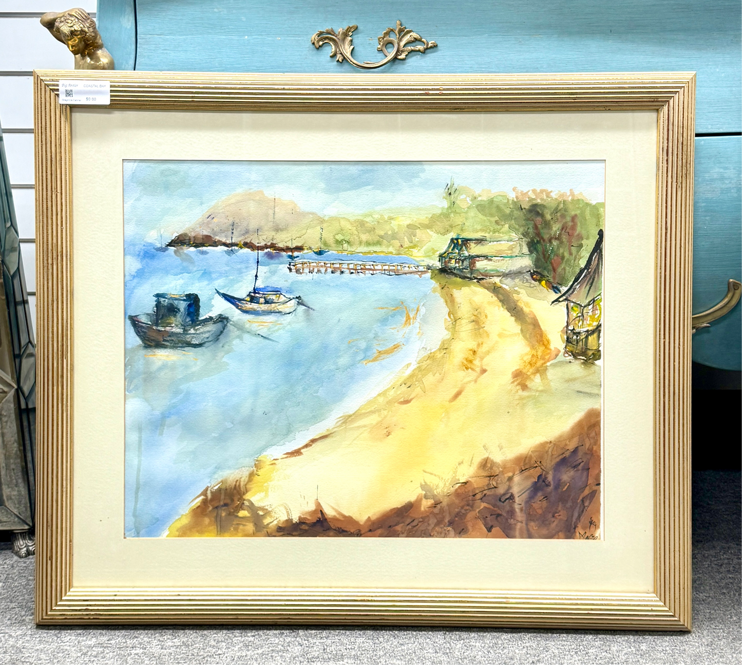 Signed 80cm*60cm Framed Coastal Bay Watercolour