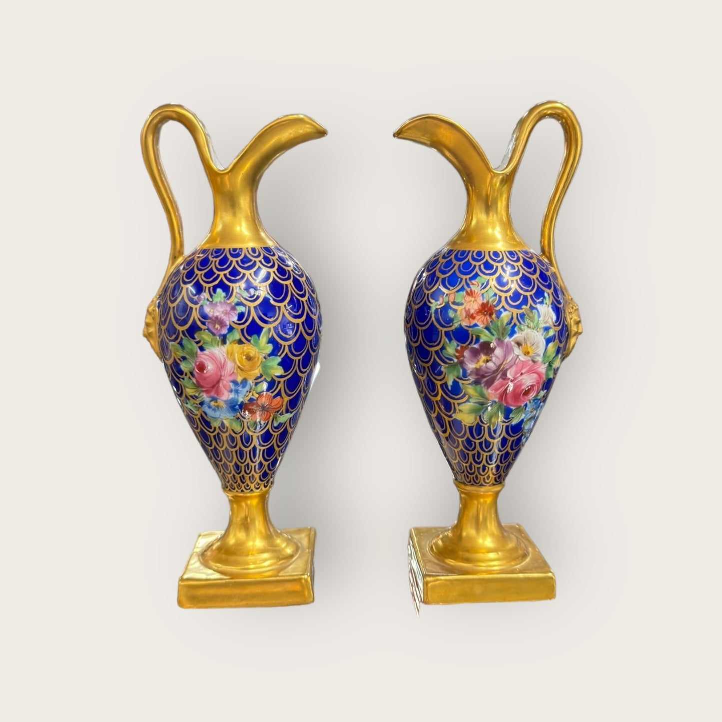 Derby Nottingham Rd c1780, Gilded Porcelain Ewers with Hand-Painted Blossom Decoration