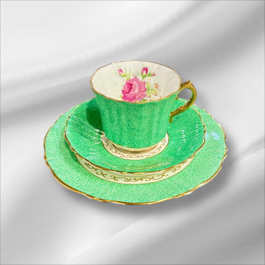 Old Royal Bone China “Westley rose” green tea trio