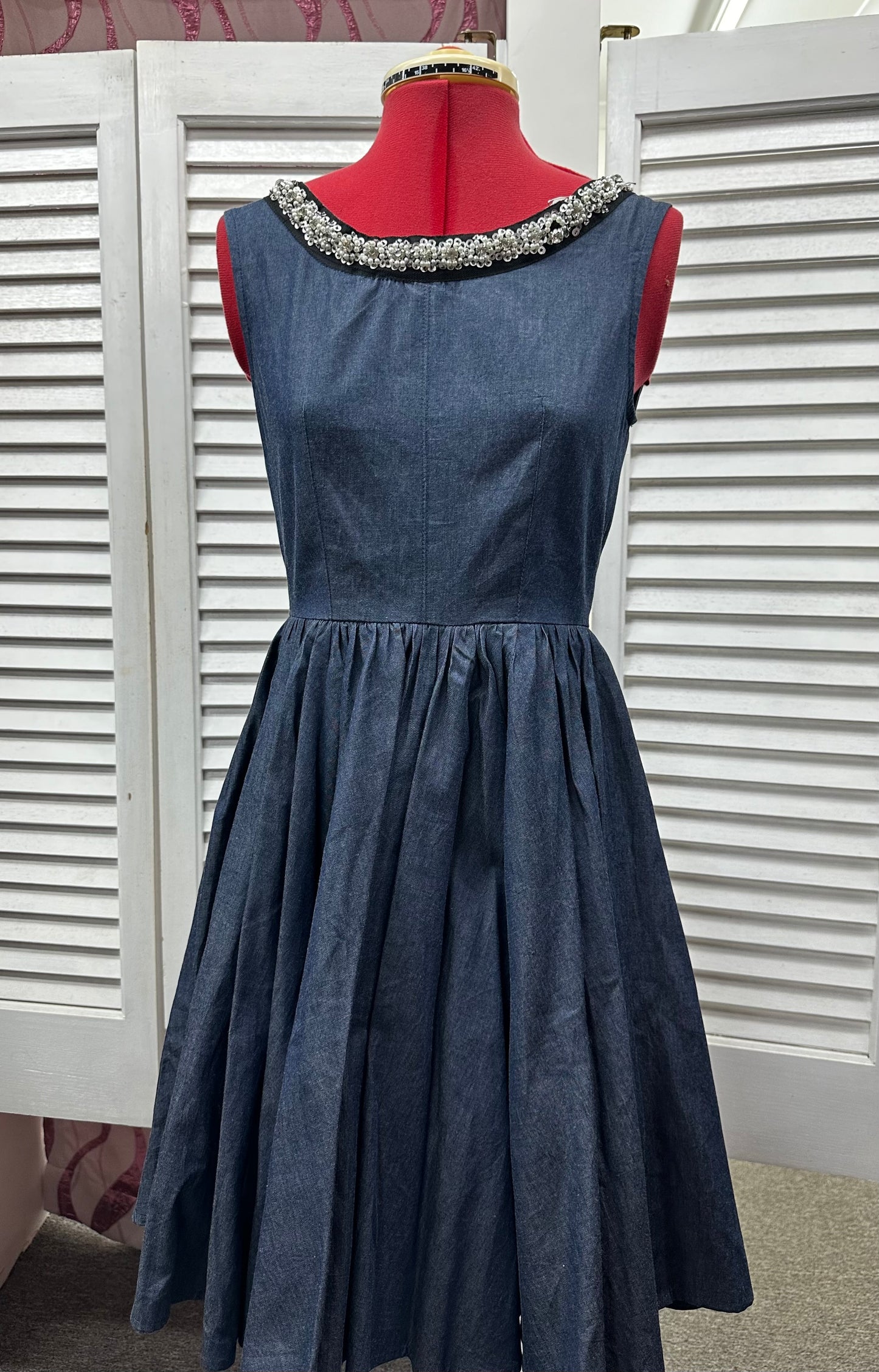 Vintage Blue Denim and Sequin Fit Flare Dress