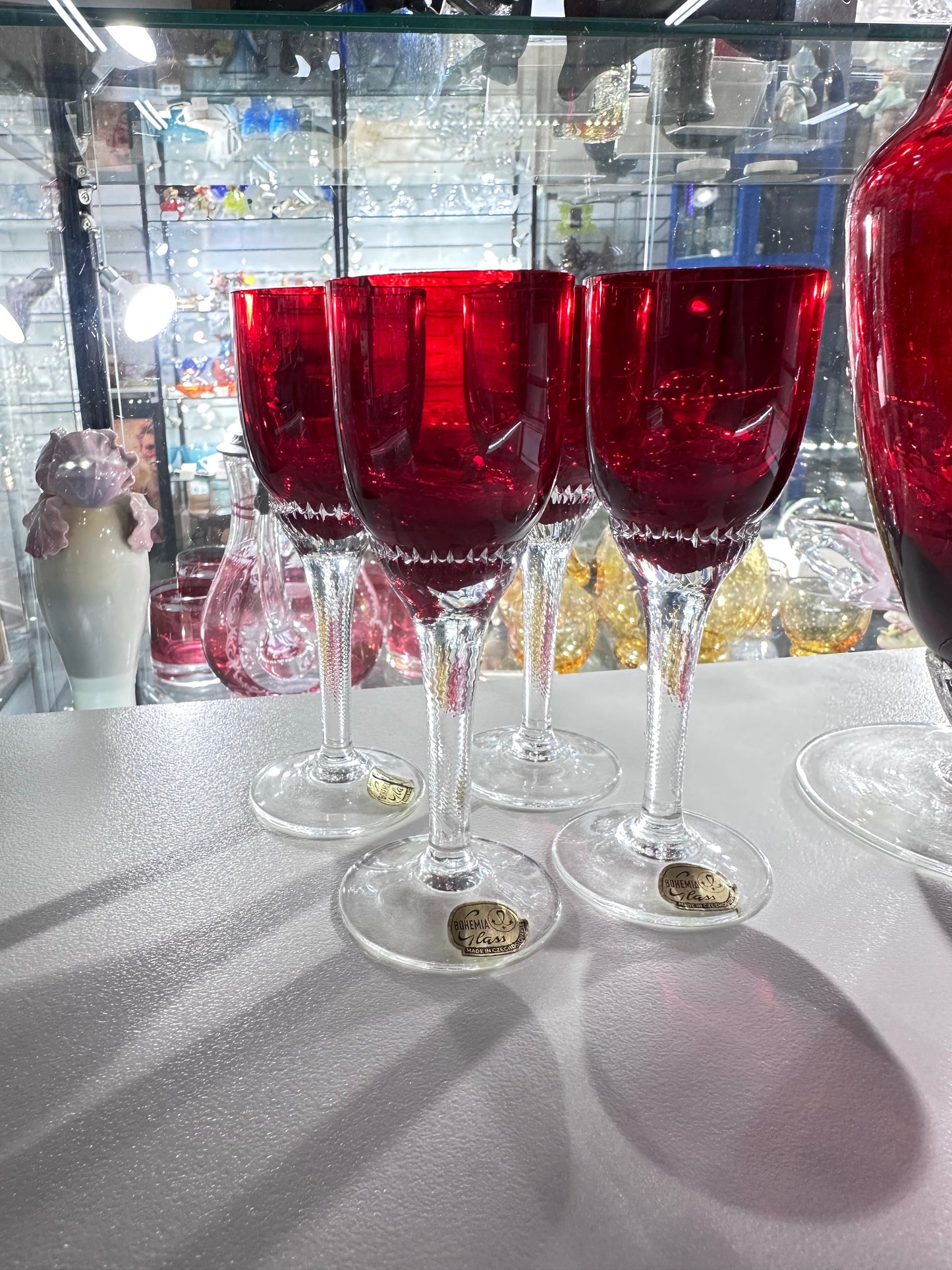 1970s Bohemian Crystal Ruby Decanter + Four Sherry Glasses