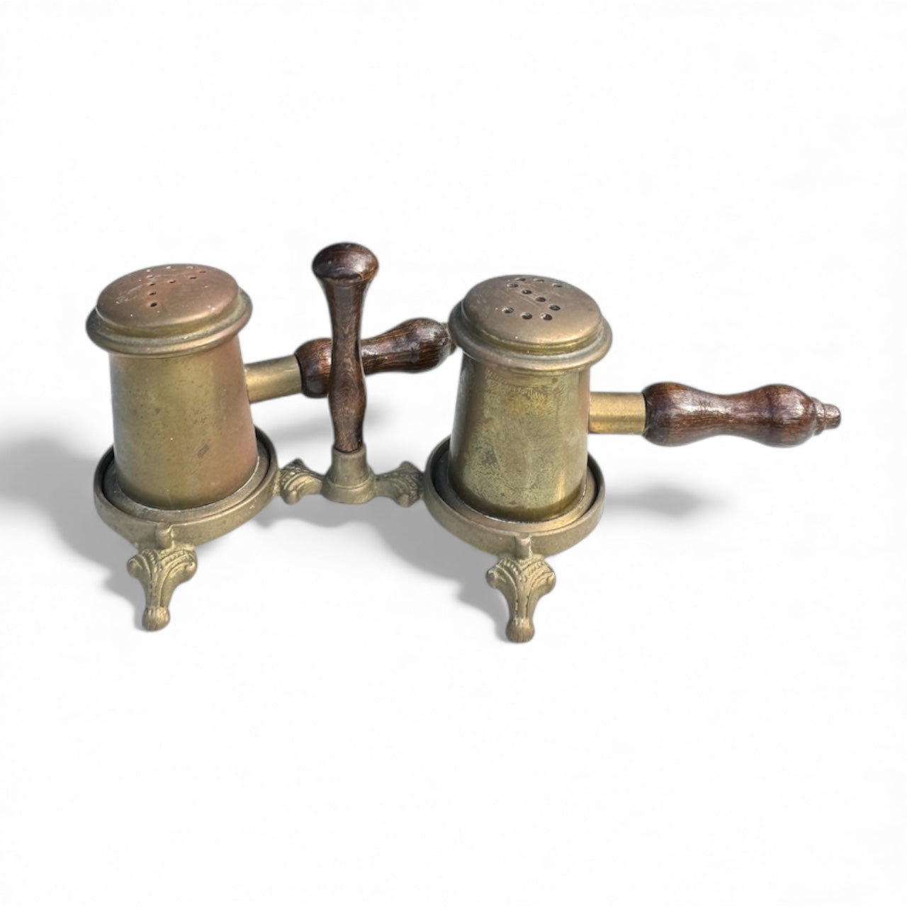 Vtg Brass Salt & Pepper Shaker Set – Wooden Handles & Tripod Bases