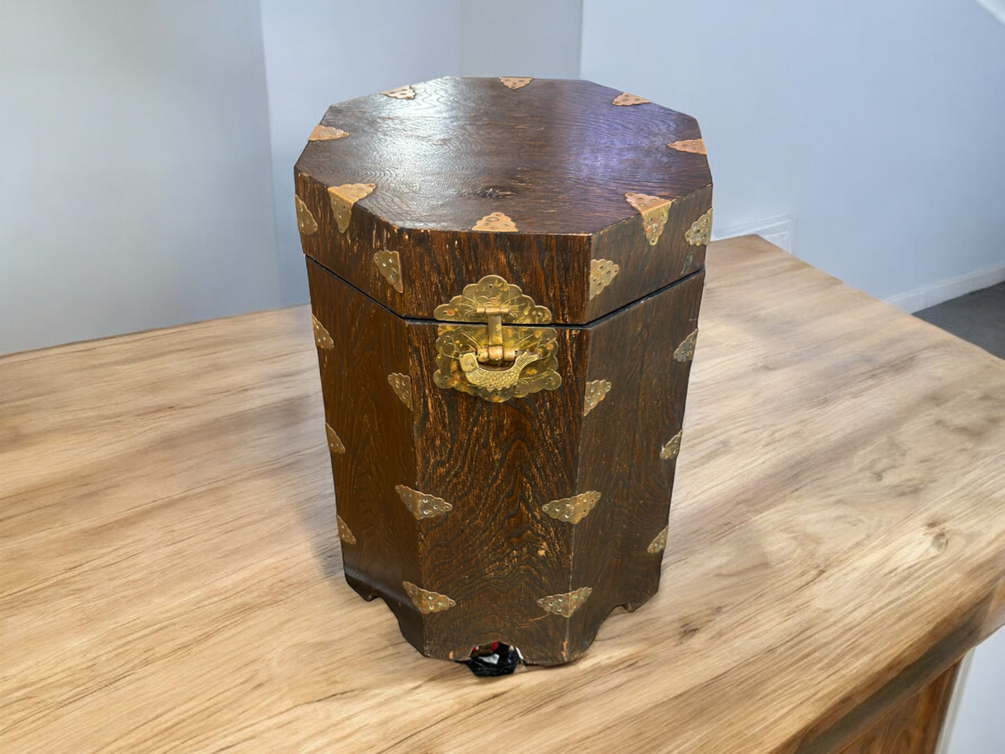 Korean elm & brass octagonal pedestal chest (46 x 30cm)