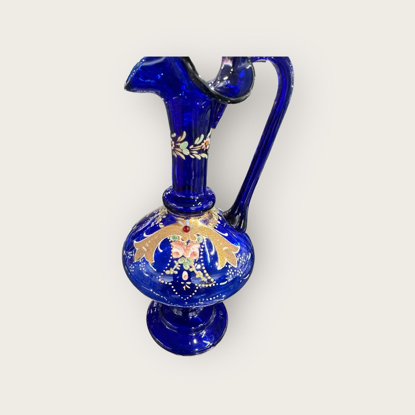 Hand Blown Venetian Cobalt Blue Glass Pitcher with Hand Painted Floral Motif