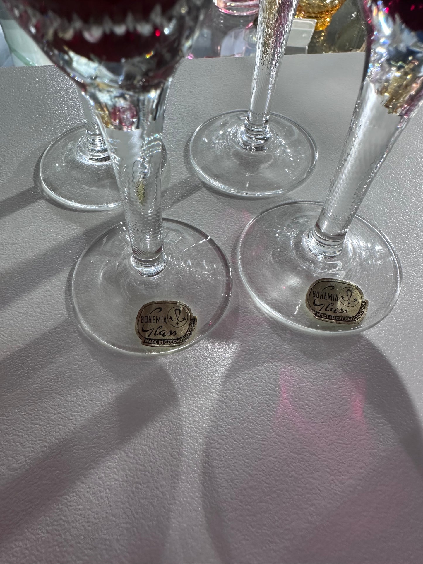 1970s Bohemian Crystal Ruby Decanter + Four Sherry Glasses
