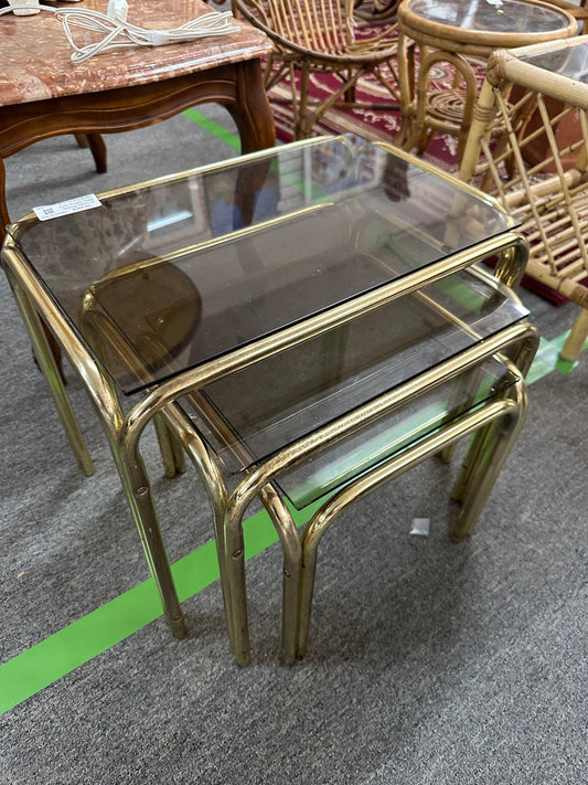 Mid Century Brass Color Smoke Glass Nesting Tables x3