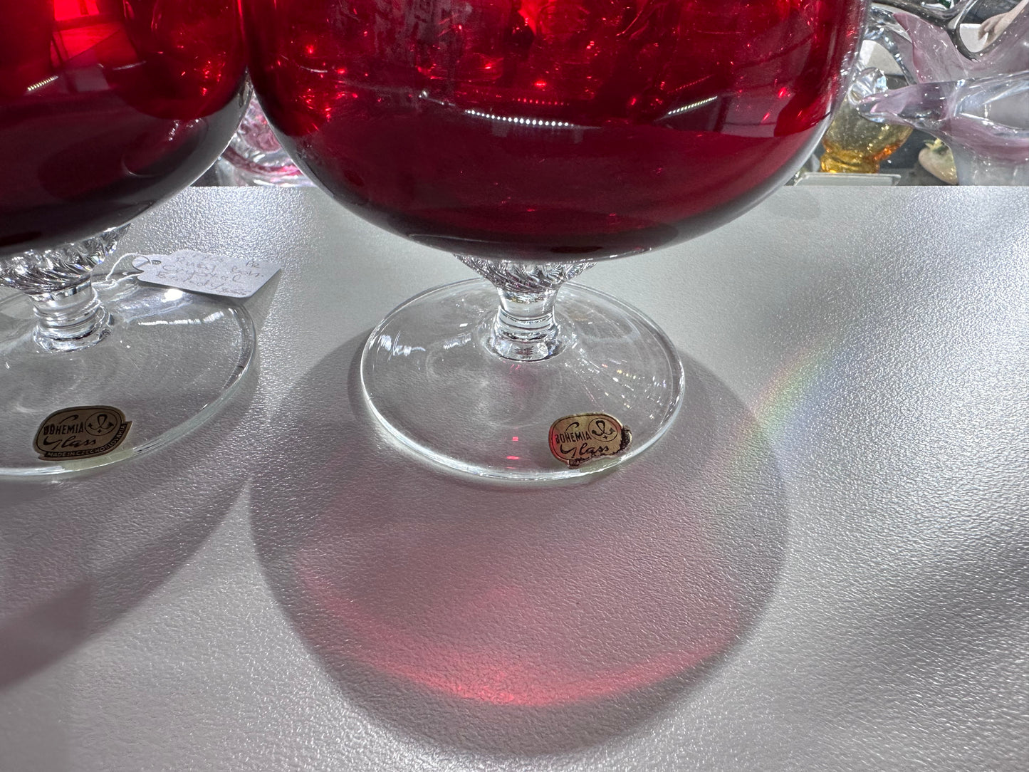 Pair 1970s Ruby Bohemian Crystal Brandy Glass