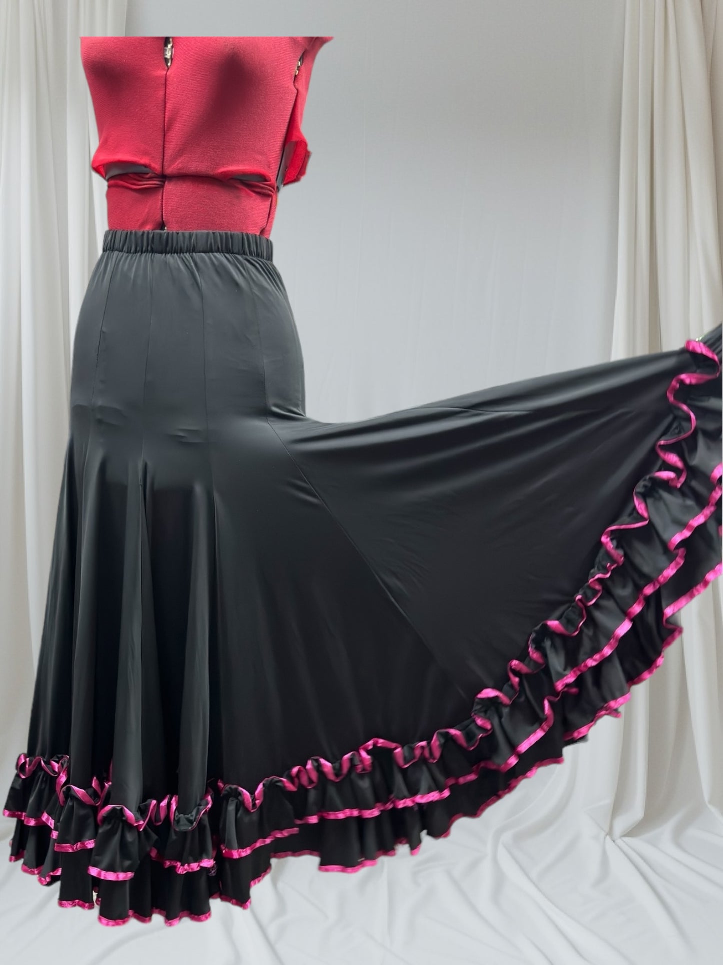 Full circle Black skirt with Magenta Satin Trim