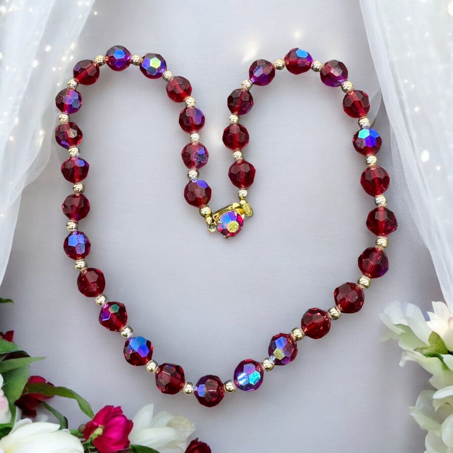 Aurora Borealis Red Beads Necklace + Earrings