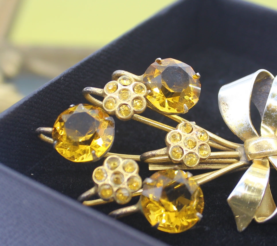 1940s Sterling Amber Rhinestone Brooch