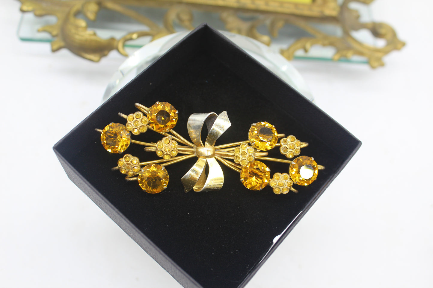 1940s Sterling Amber Rhinestone Brooch