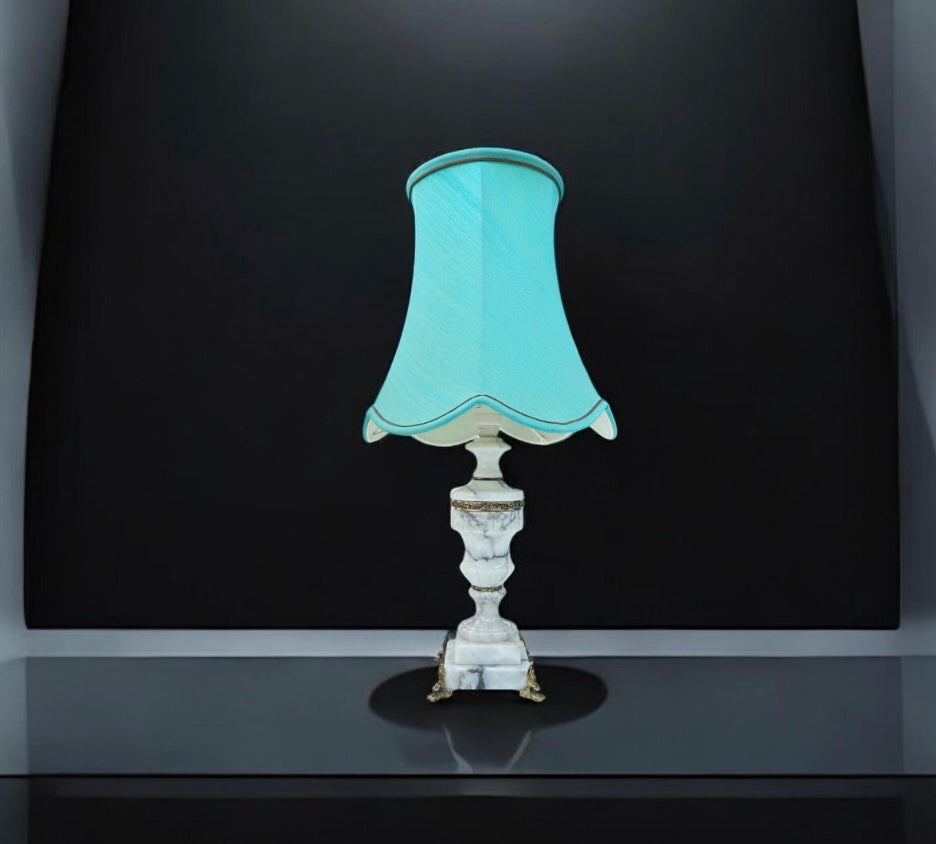 White Marble and Brass Table Lamp with Green Lamp Shade