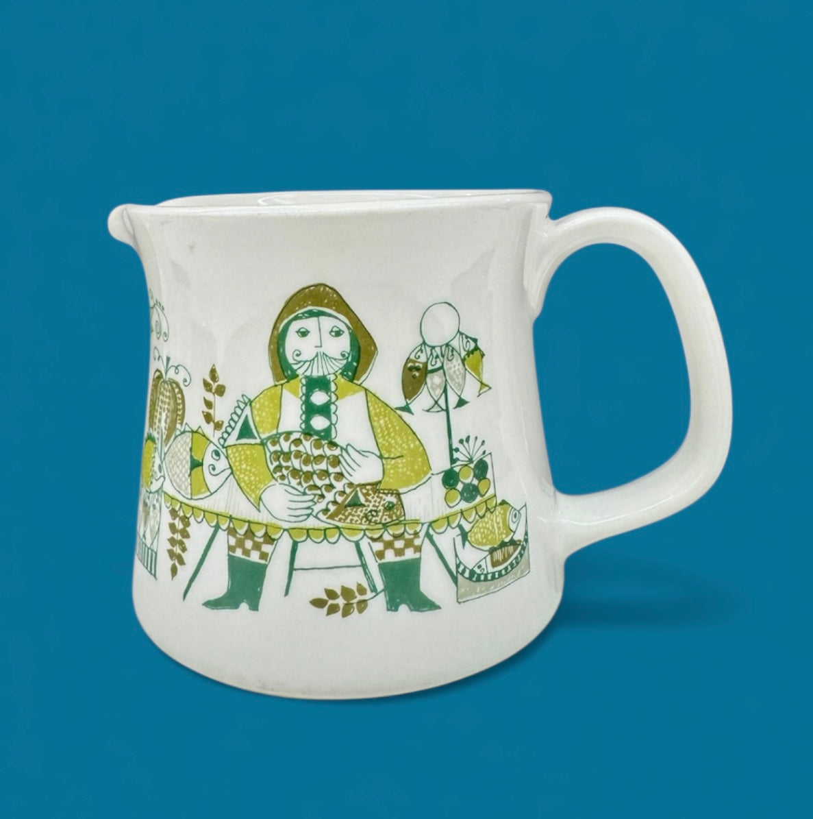 Figgjo Market Jug, Turi Design, 1960s Vintage Norwegian Ceramic Pitcher, Green & Yellow Folk Art