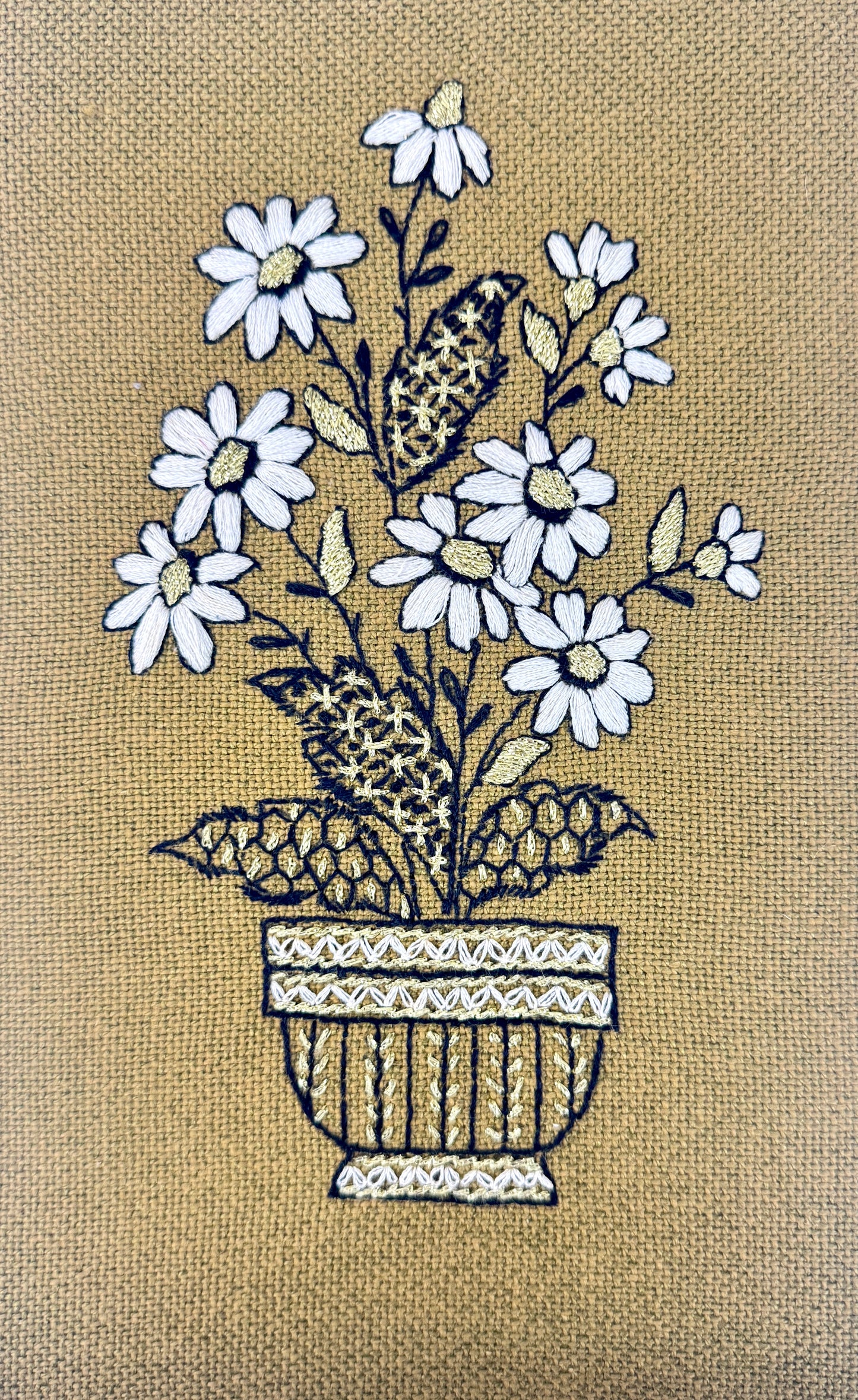 MCM Green floral embroidery in white wooden frame