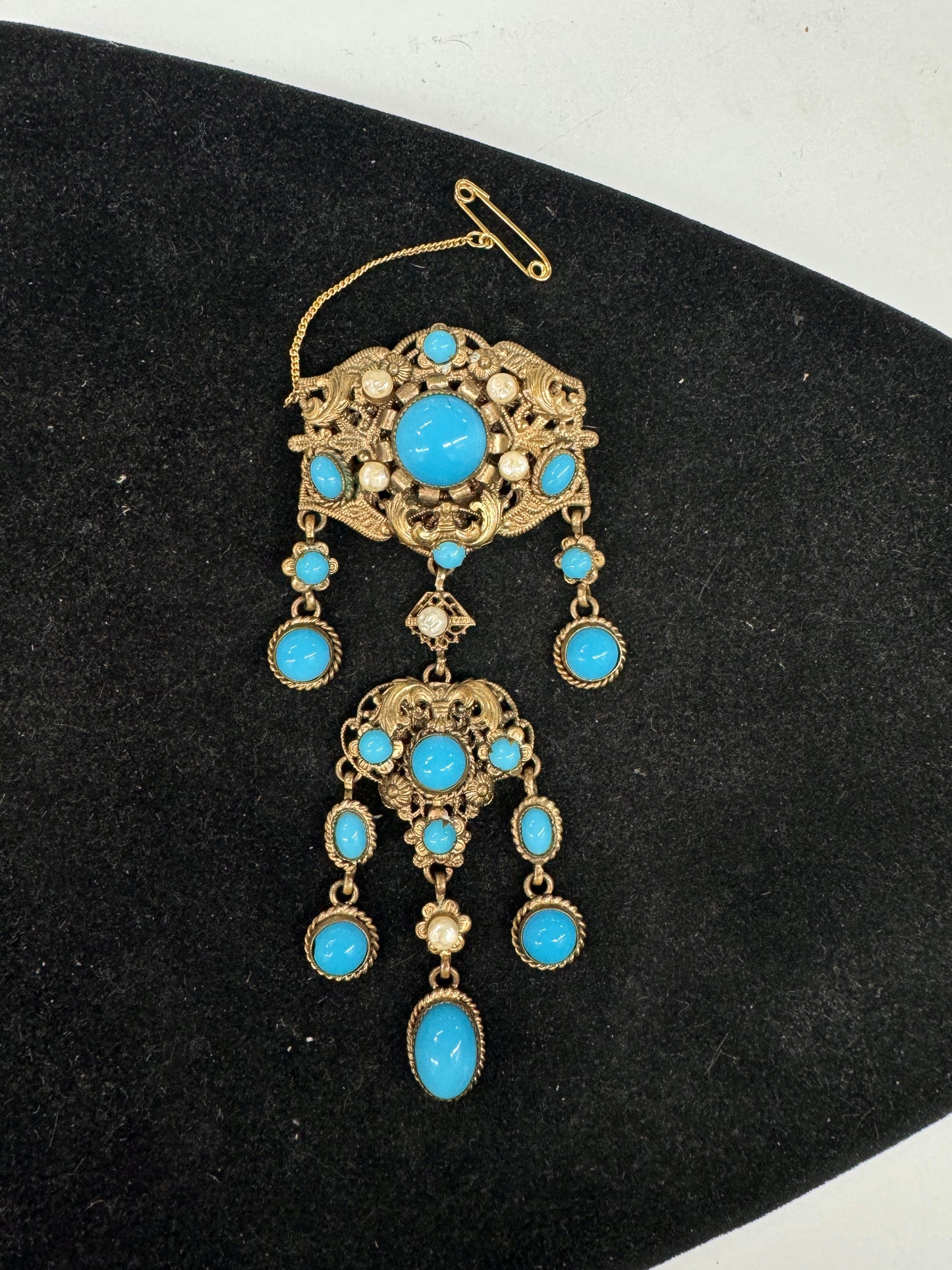 vintage Czechoslovakia made classic design brooch with faux turquoise and pearl