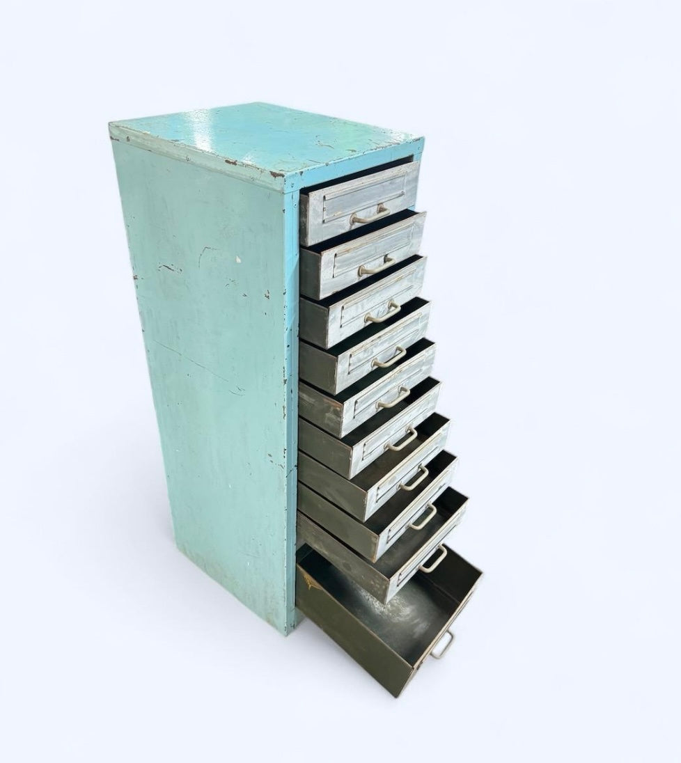 Vintage Industrial Metal Drawer Cabinet – Distressed Blue Steel Multi-Drawer Storage Unit