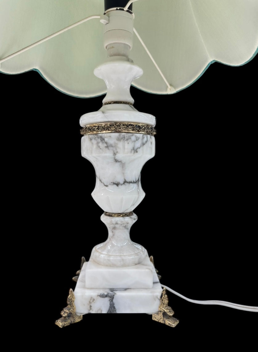 White Marble and Brass Table Lamp with Green Lamp Shade