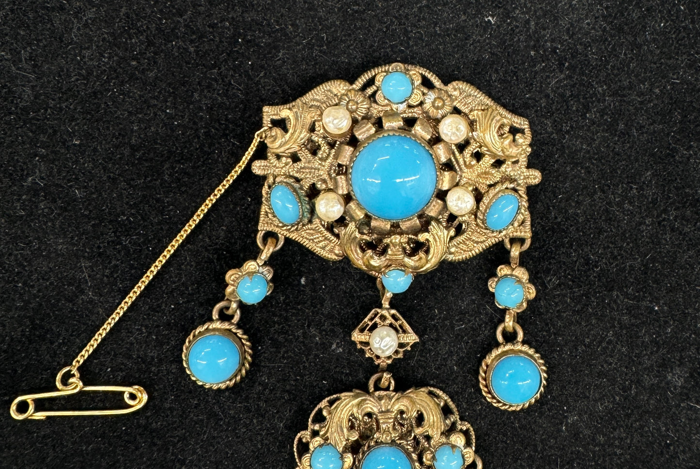 vintage Czechoslovakia made classic design brooch with faux turquoise and pearl