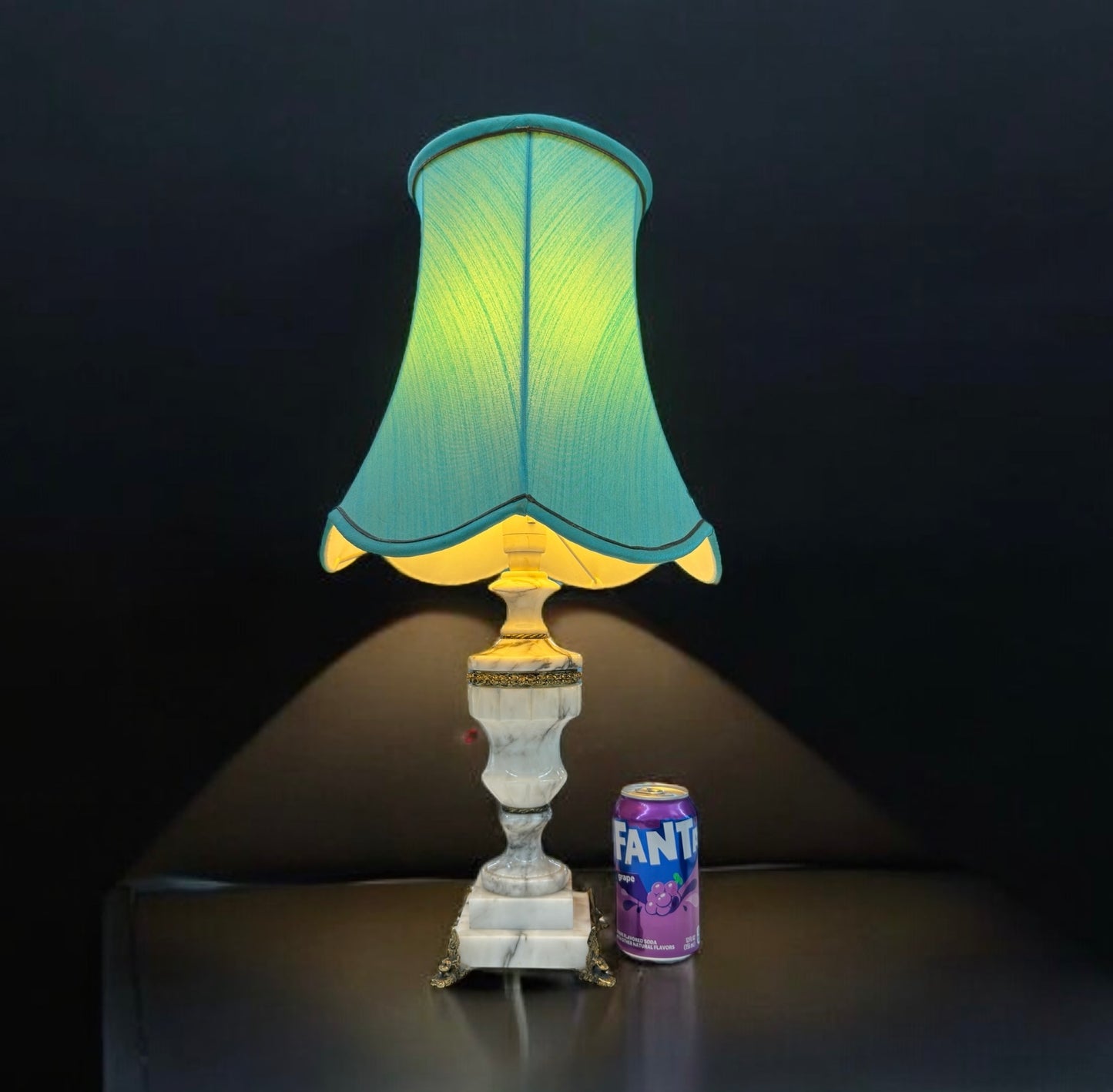 White Marble and Brass table lamp with green shade.working order