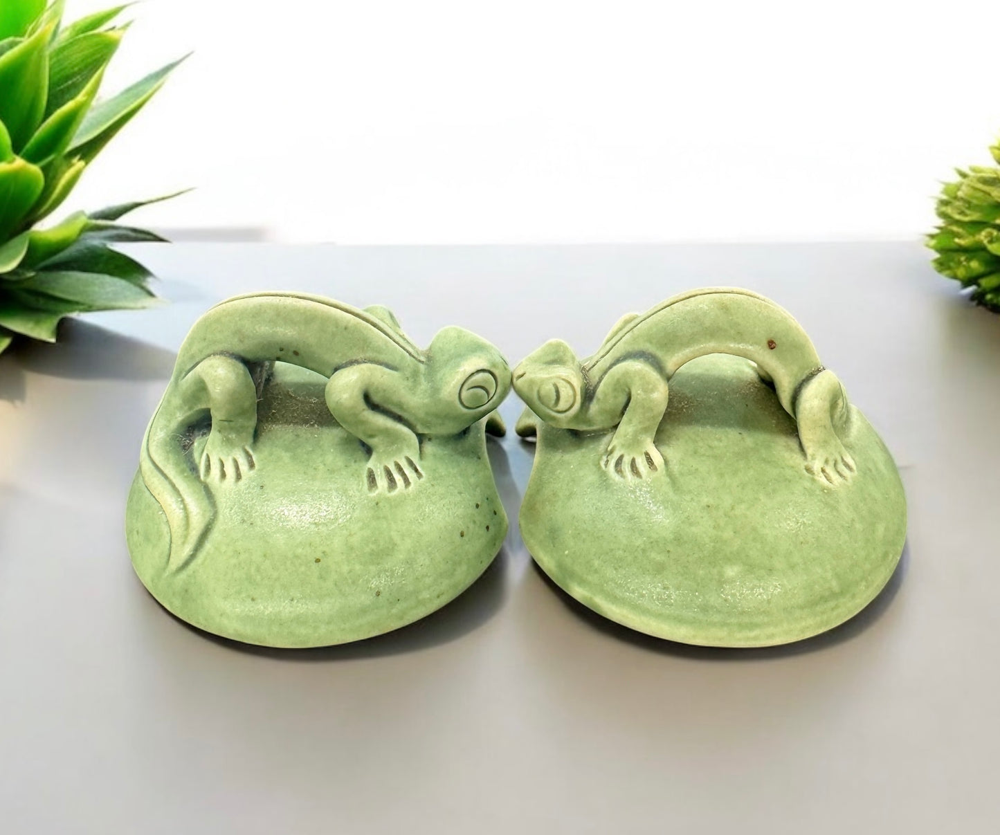 vintage green pottery lizard Condiment Bowls with original spoons,hand made