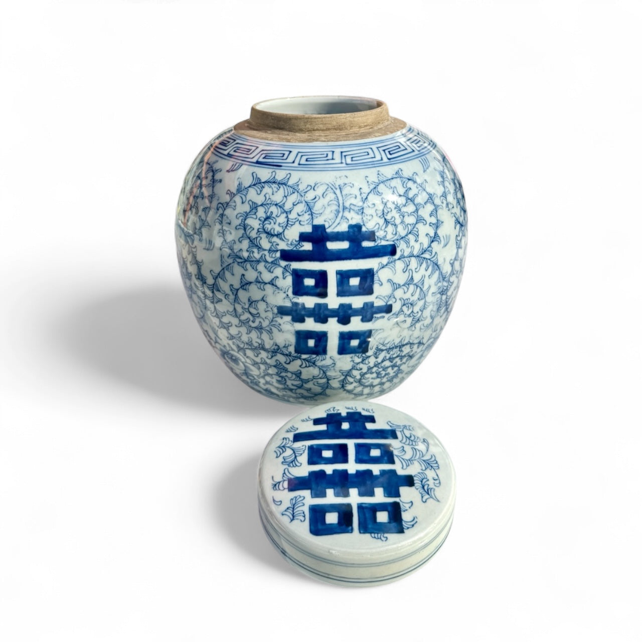 XL vintage Chinese double happiness ceramic jar with lid, hand painted