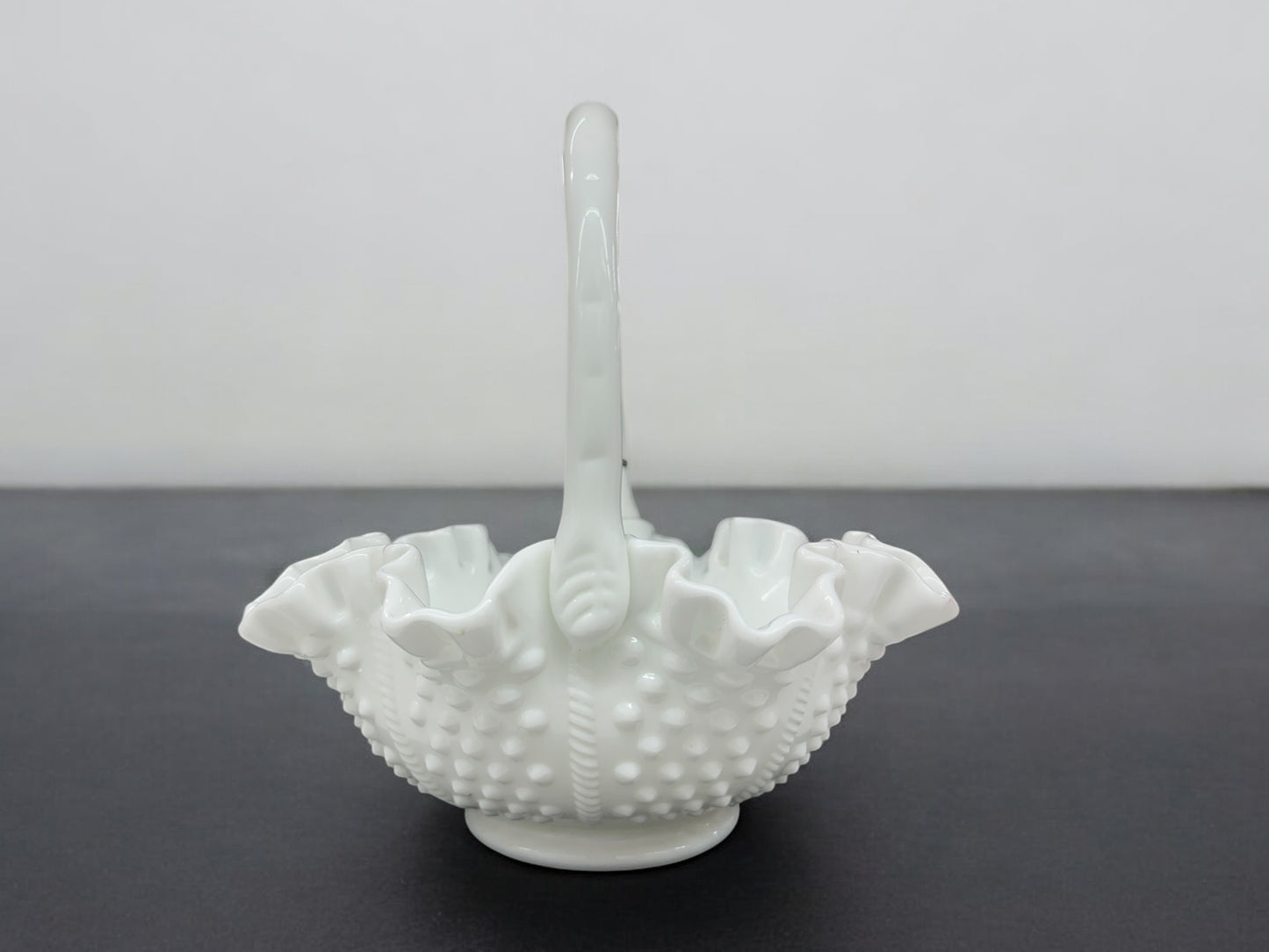 Vintage Fenton milk glass basket with original label