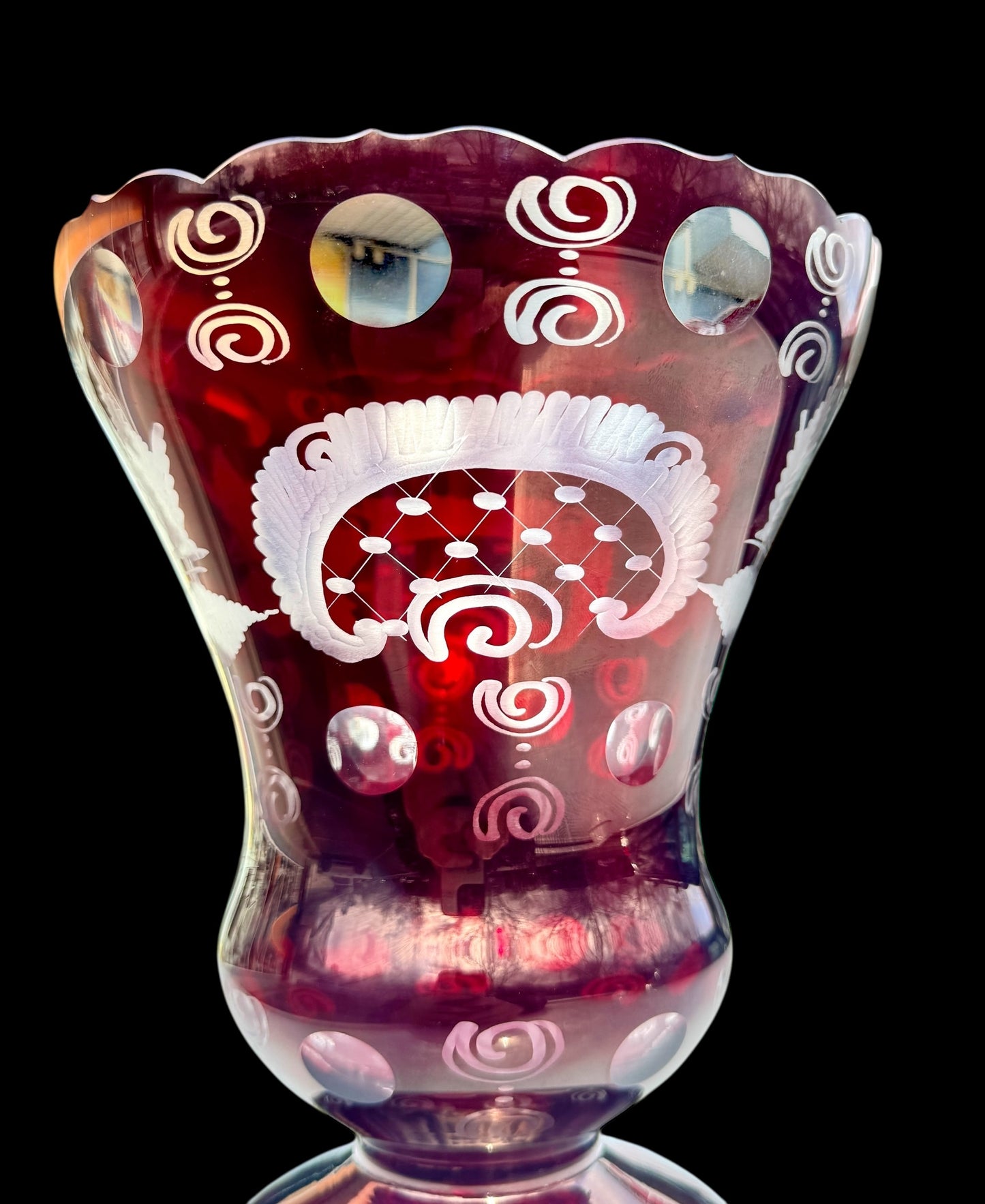 Vintage Bohemian Ruby Cut–to–Clear Glass Vase