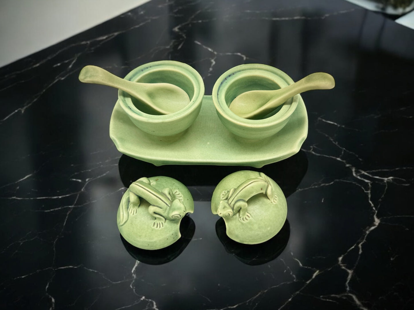 vintage green pottery lizard Condiment Bowls with original spoons,hand made