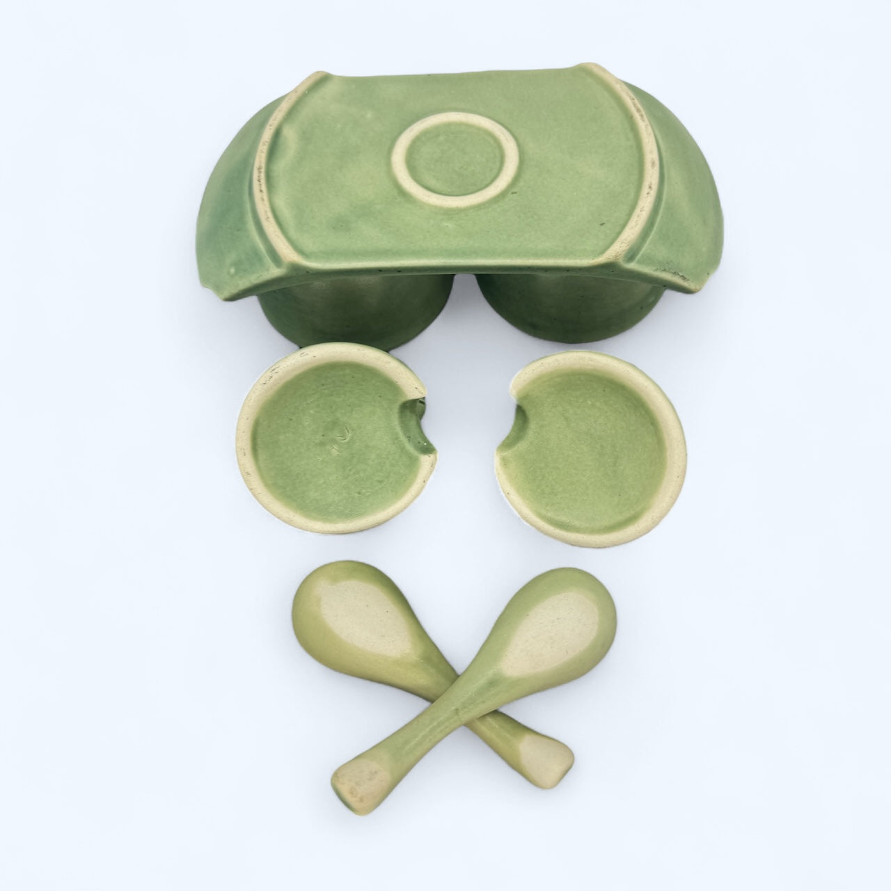 vintage green pottery lizard Condiment Bowls with original spoons,hand made